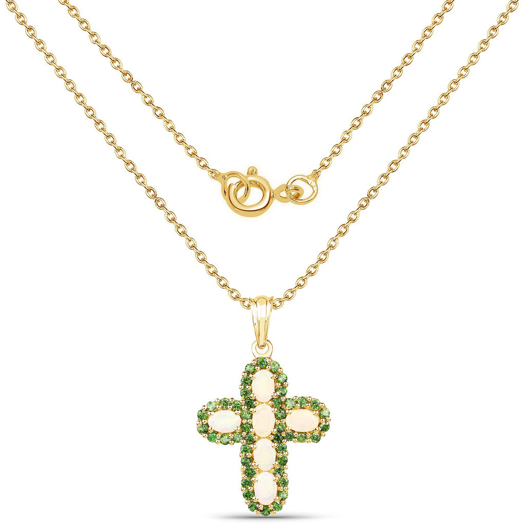 14K Yellow Gold Plated 3.11 Carat Genuine Ethiopian Opal and Chrome Diopside .925 Sterling Silver Pendant