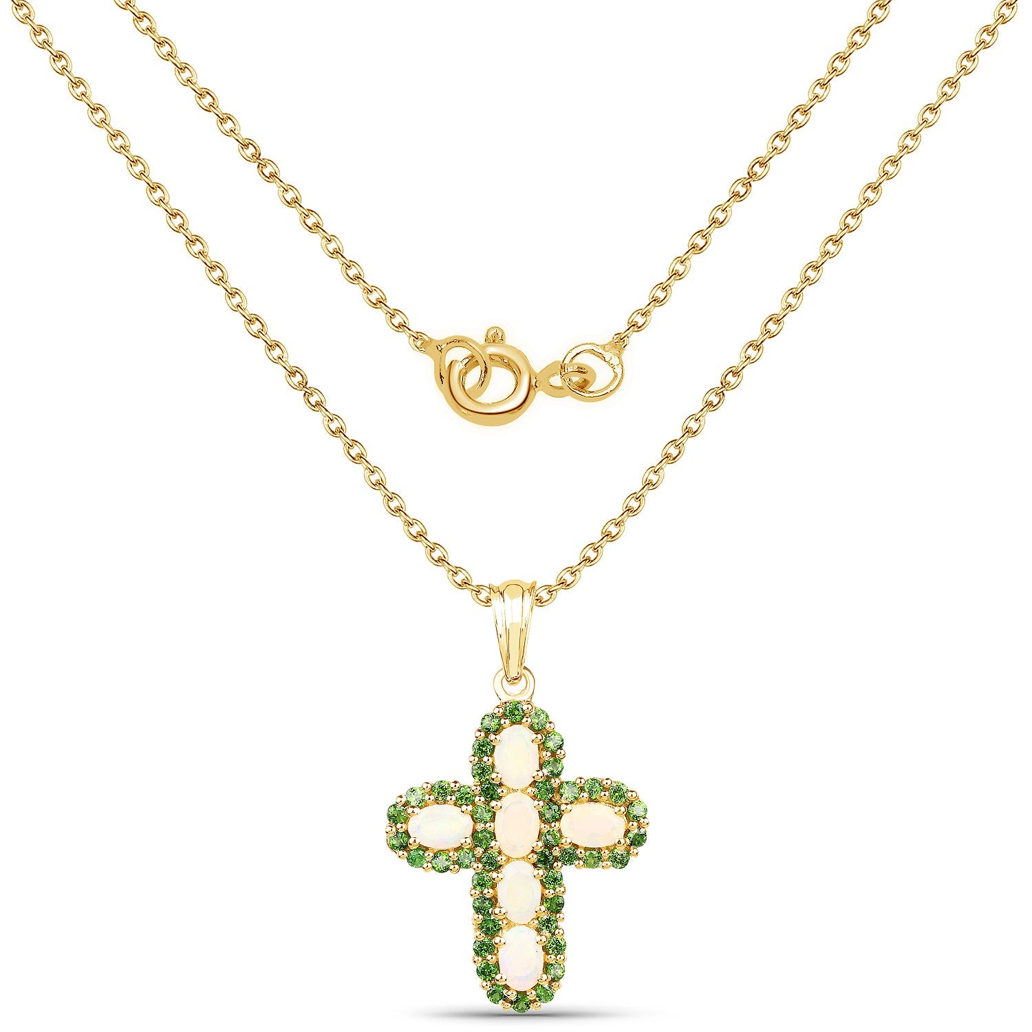 14K Yellow Gold Plated 3.11 Carat Genuine Ethiopian Opal and Chrome Diopside .925 Sterling Silver Pendant