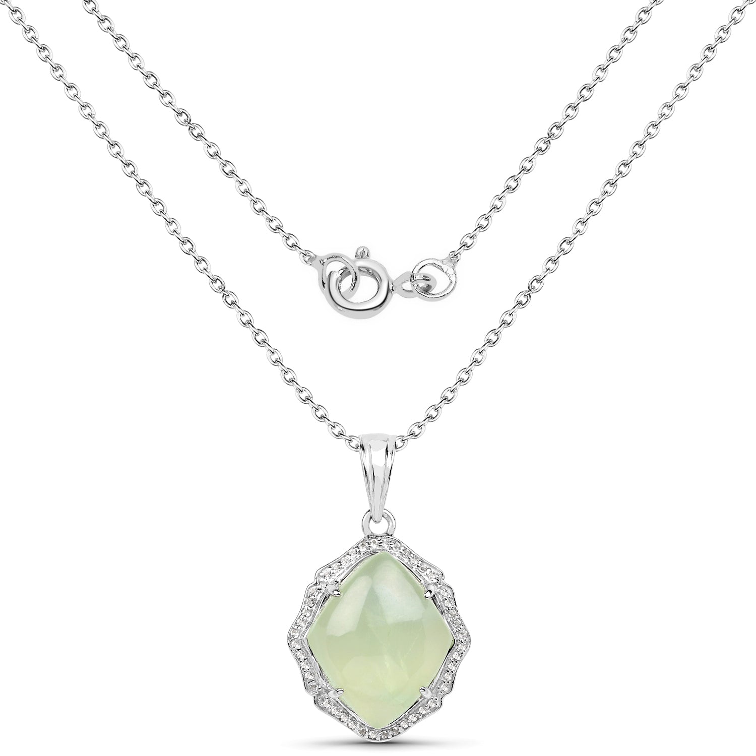7.49 Carat Genuine Prehnite And White Topaz .925 Sterling Silver Pendant