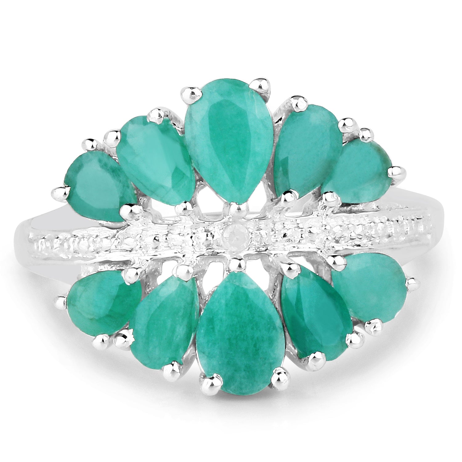 2.21 Carat Genuine Emerald and White Diamond .925 Sterling Silver Ring