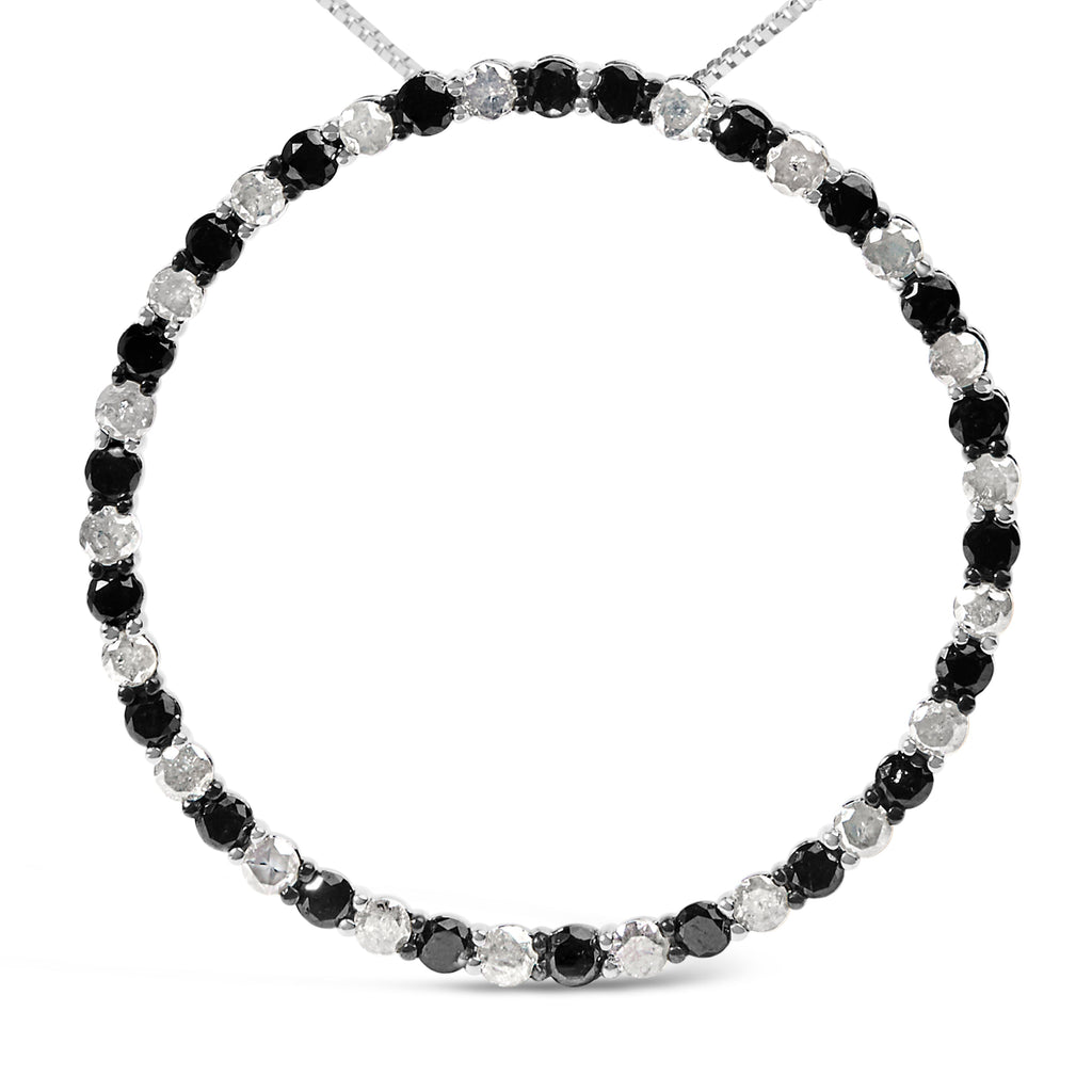 .925 Sterling Silver 3.0 Cttw Alternating Black and White Diamond Open Hoop Circle Pendant Necklace (H-I Color, I3 Clarity) - 18" Inches