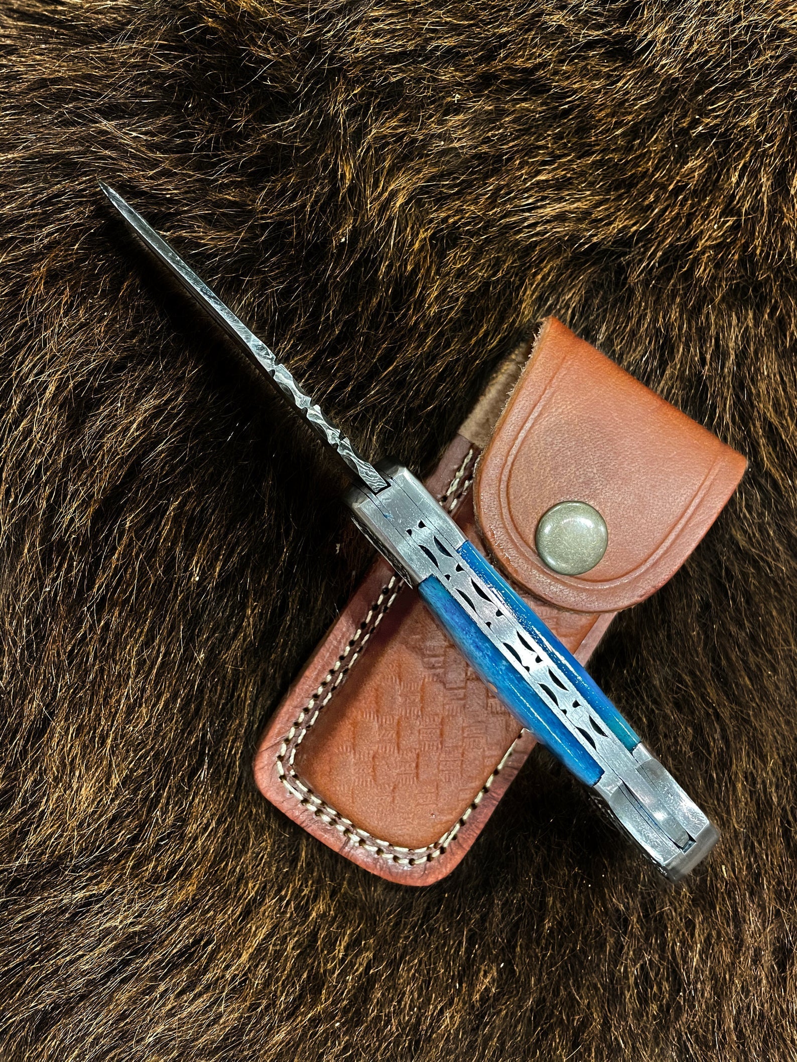 Pocket Knife Dyed Blue Bone 6.5'' Damascus Steel Knife Steel Bolster Back Lock Folding Knife TF-010B