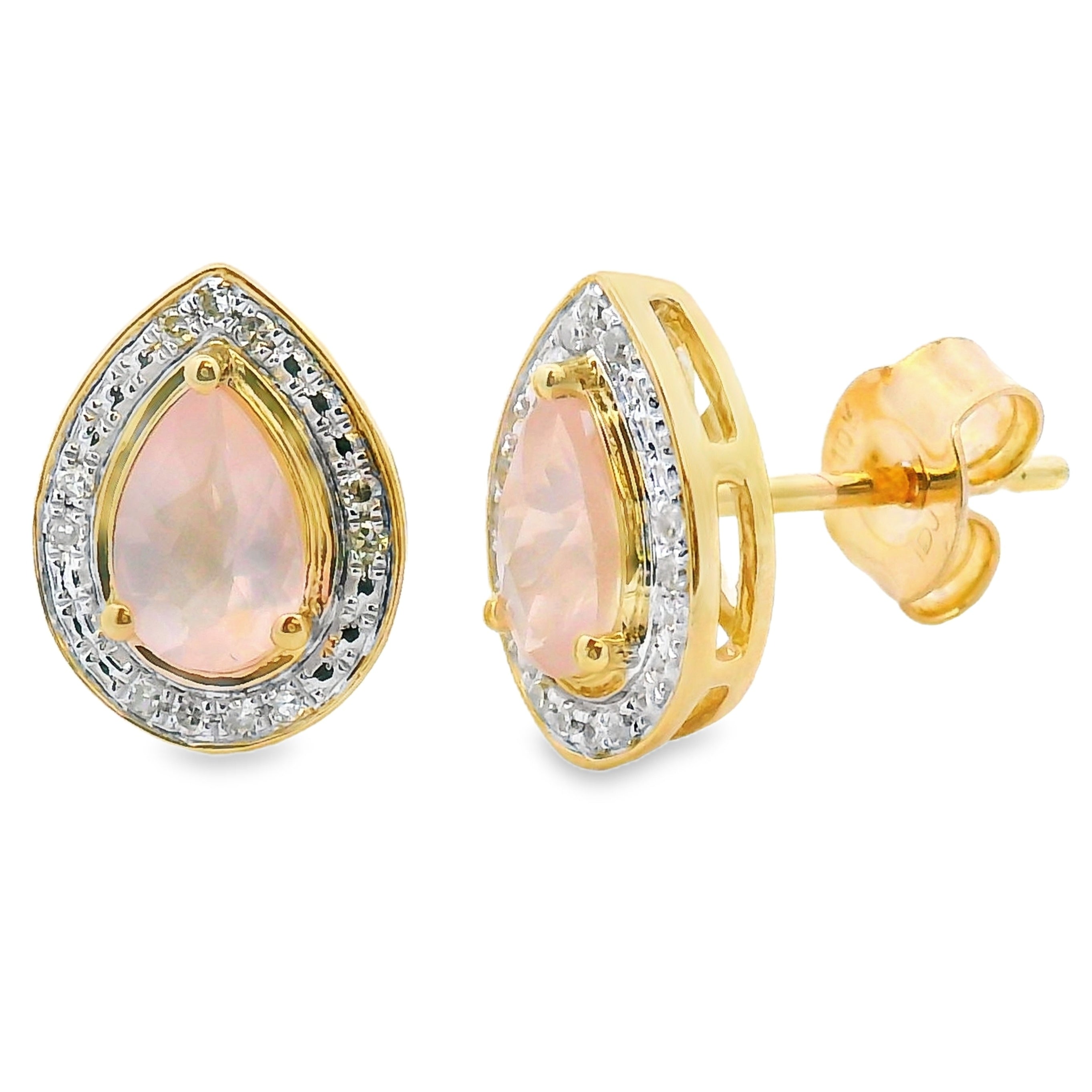Rose Quartz Diamond Dangle Earrings 10KT Yellow Gold