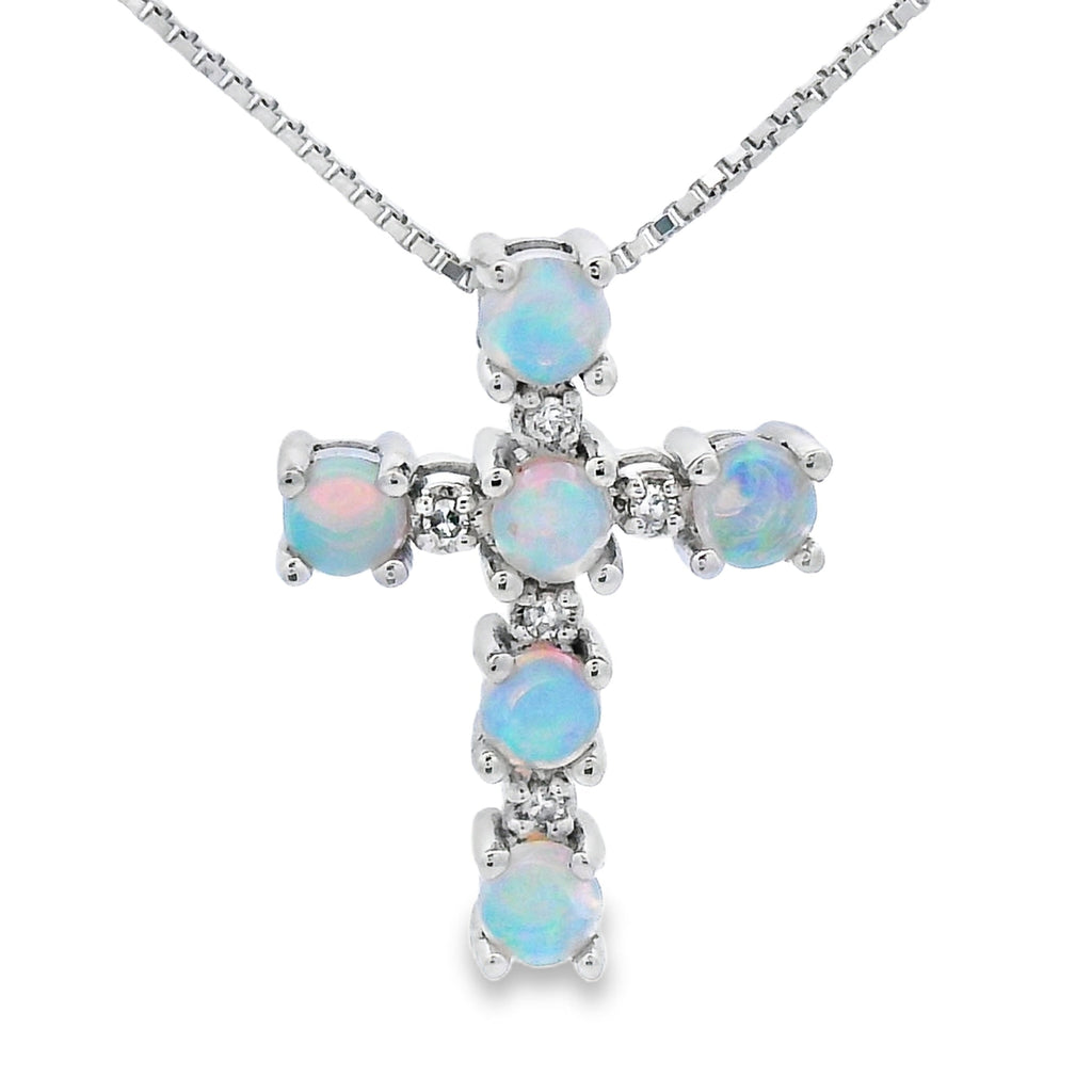 Opal Diamond Cross Religious Pendant 10KT White Gold