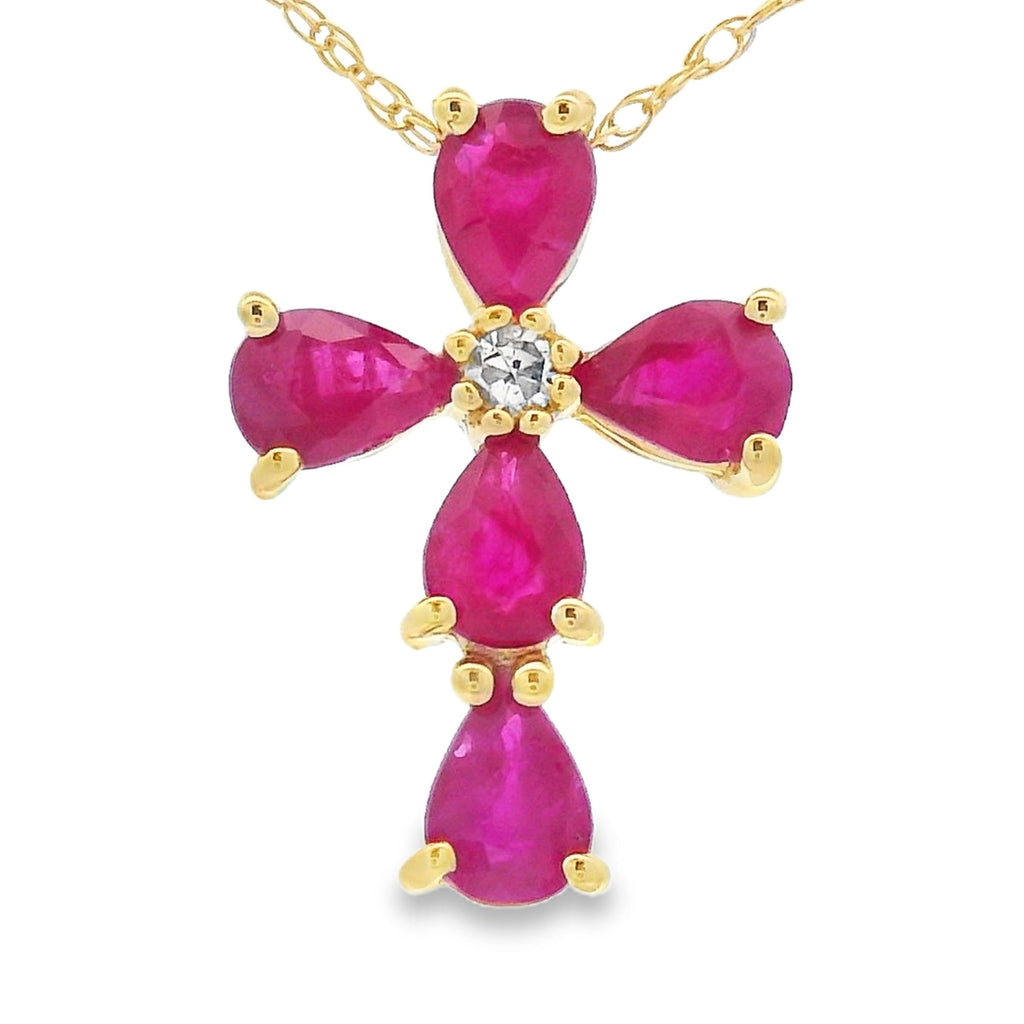 Ruby Diamond Cross Religious Pendant 10KT Yellow Gold