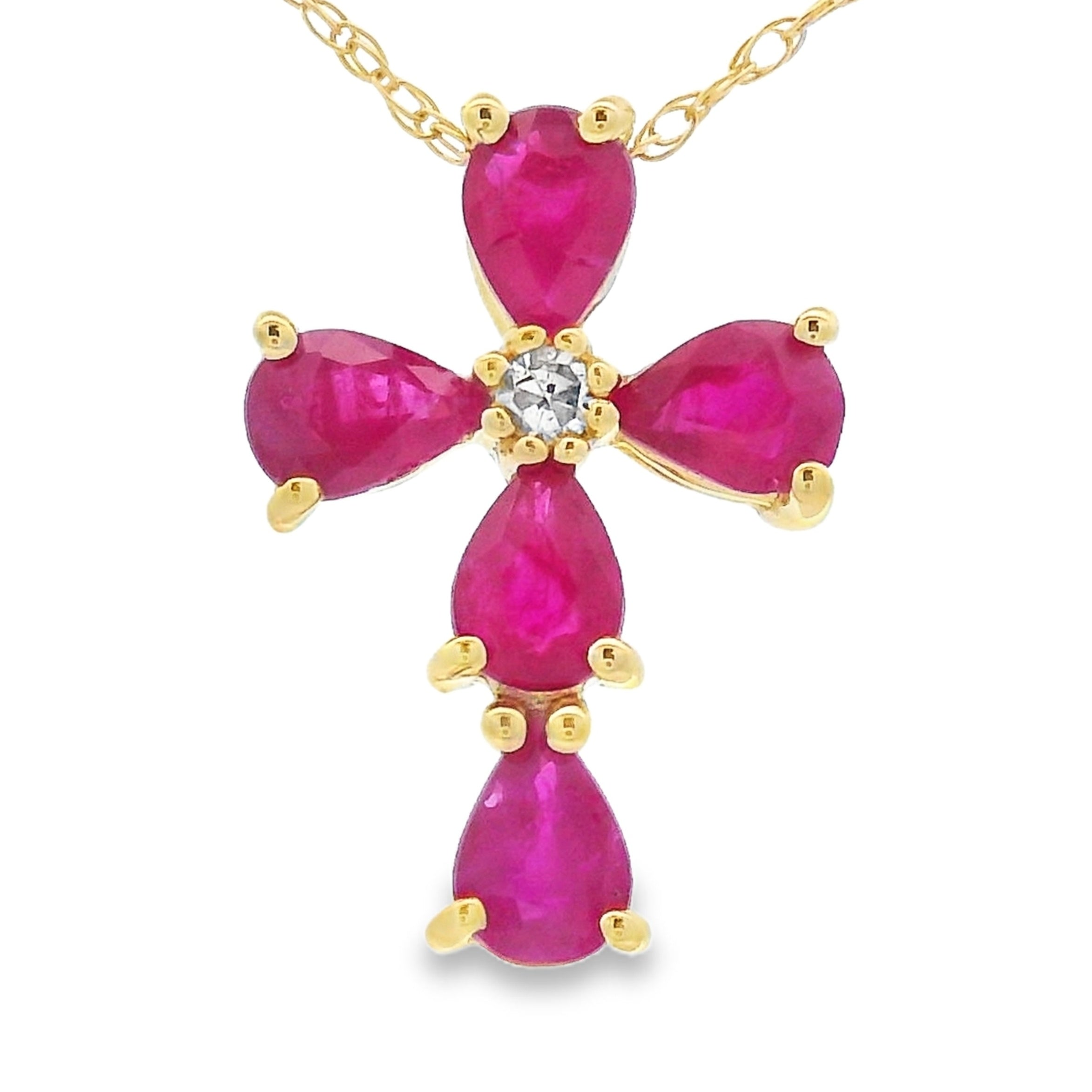 Ruby Diamond Cross Religious Pendant 10KT Yellow Gold