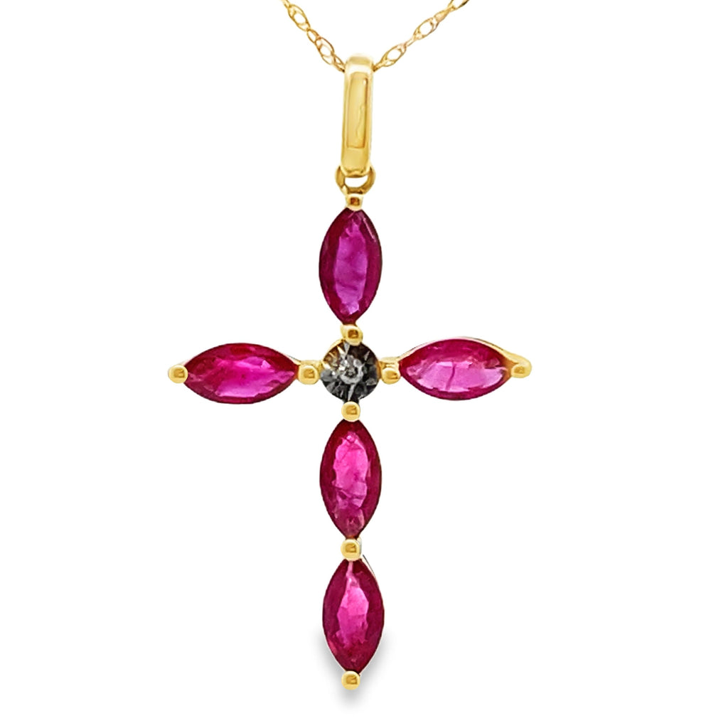 Ruby Diamond Cross Religious Pendant 10KT Yellow Gold