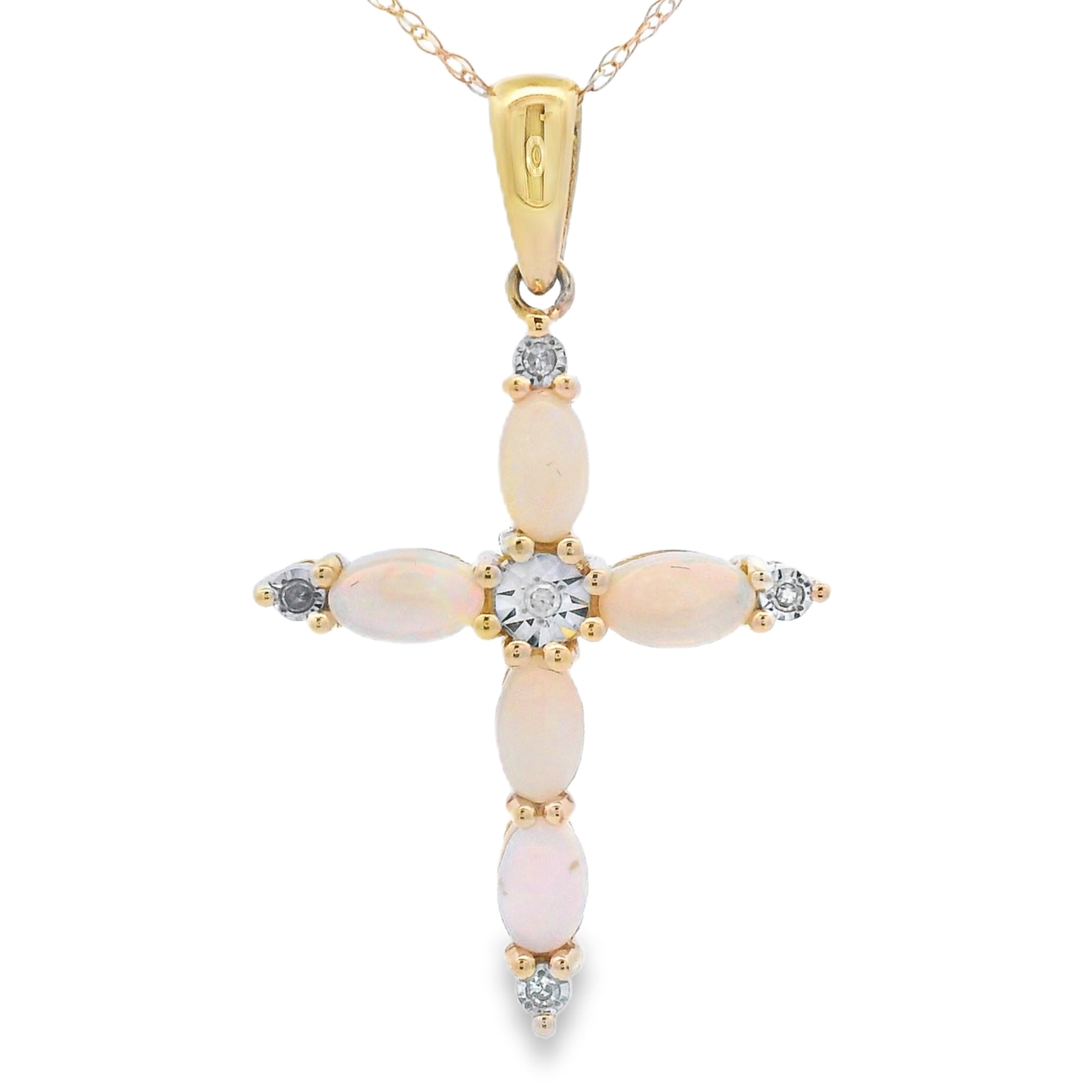 Opal Diamond Cross Religious Pendant 10KT Yellow Gold