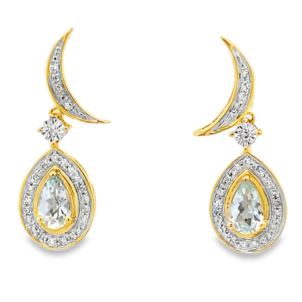 Aquamarine Diamond Dangle Earrings 10KT Yellow Gold