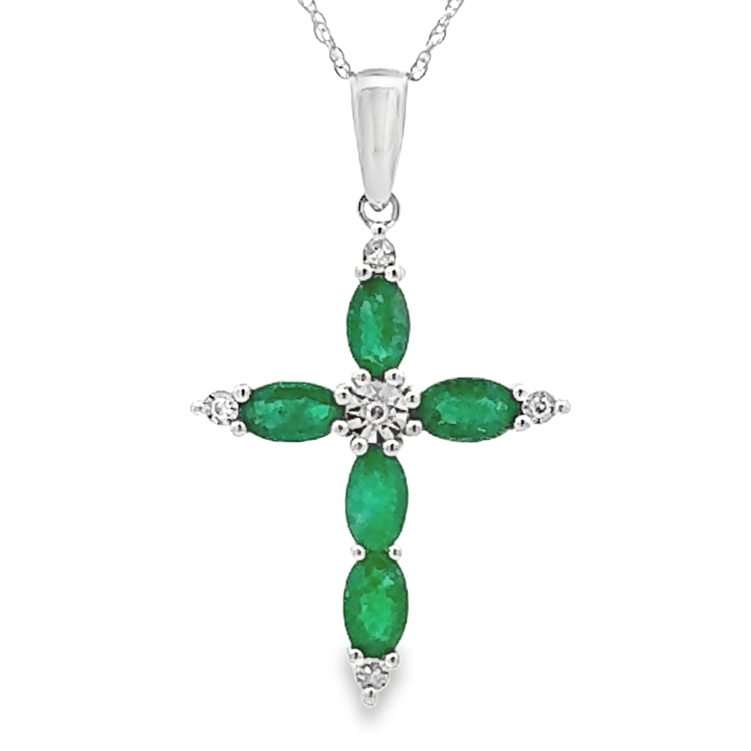Emerald Diamond Cross Religious Pendant 10KT White Gold