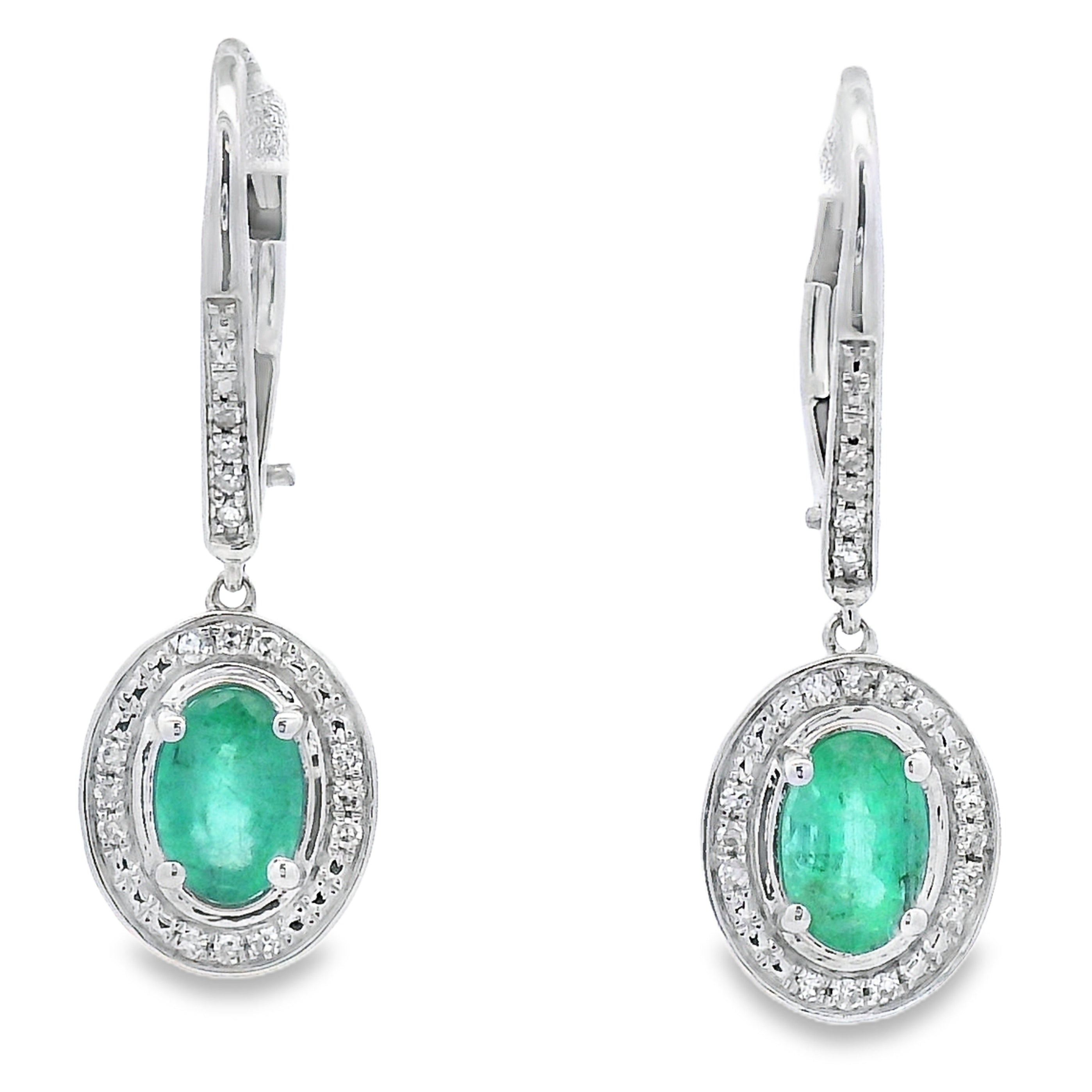 .90ct Emerald Diamond Dangle Earrings 10KT White Gold