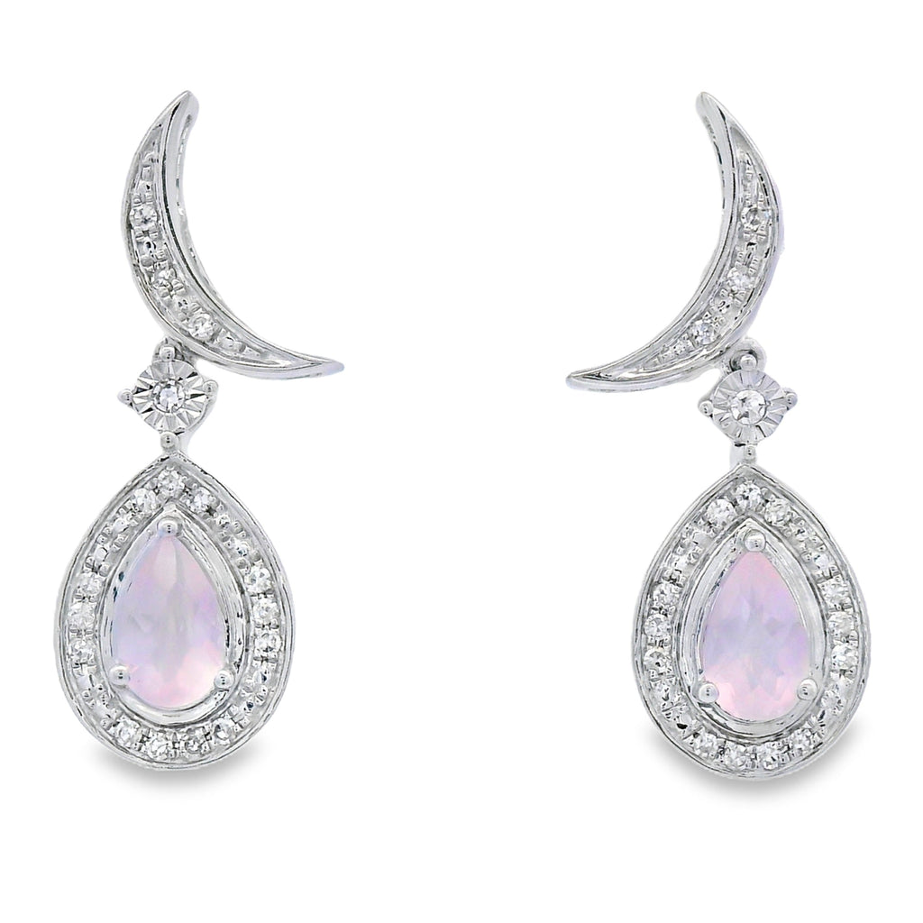 Rose Quartz Diamond Dangle Earrings 10KT White Gold