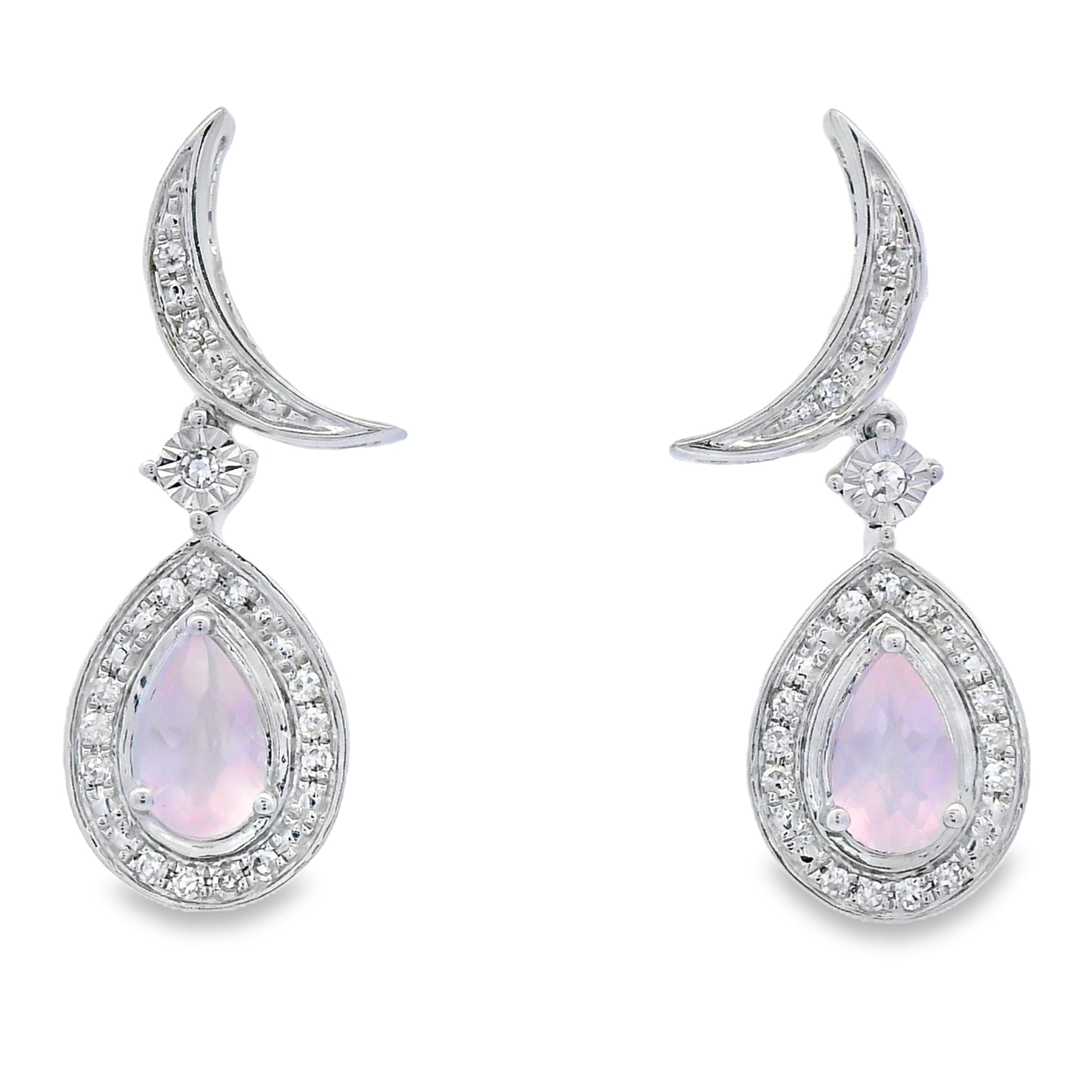 Rose Quartz Diamond Dangle Earrings 10KT White Gold
