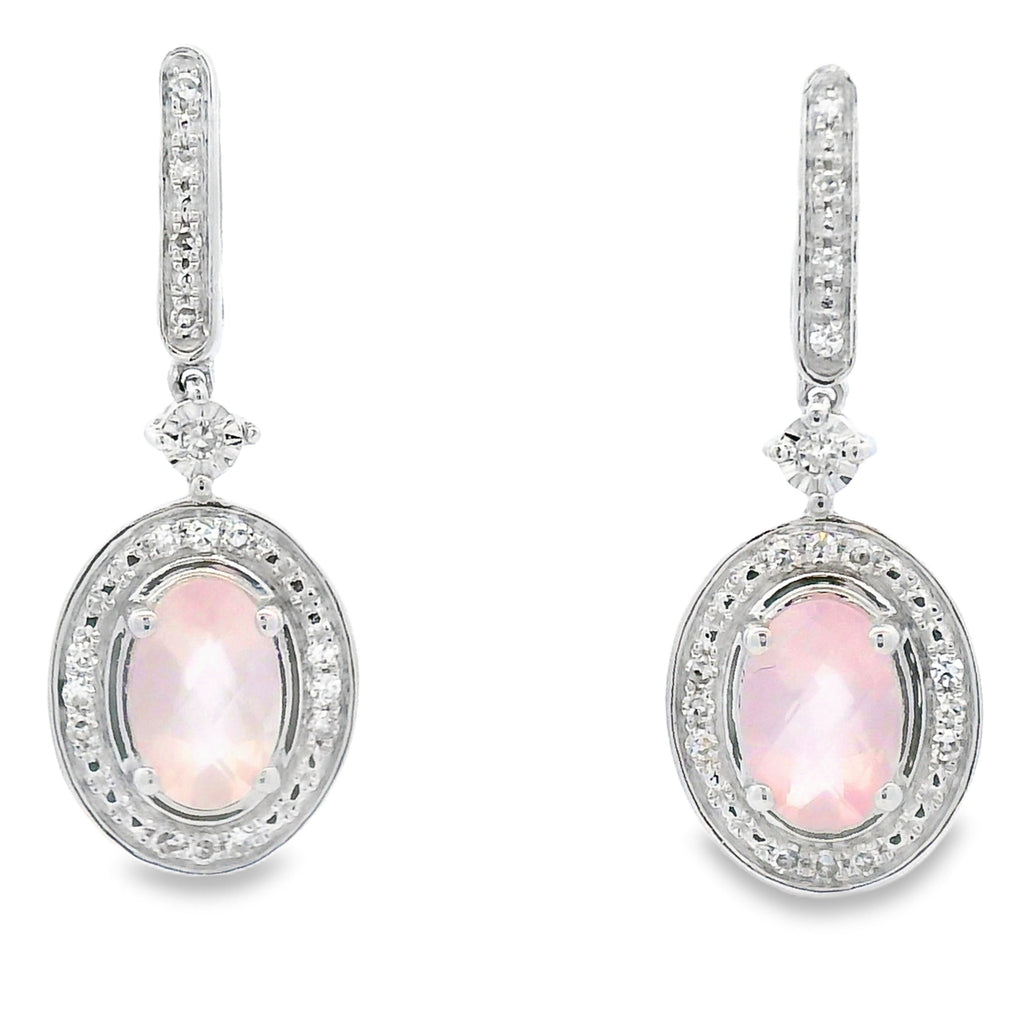 Rose Quartz Diamond Dangle Earrings 10KT White Gold