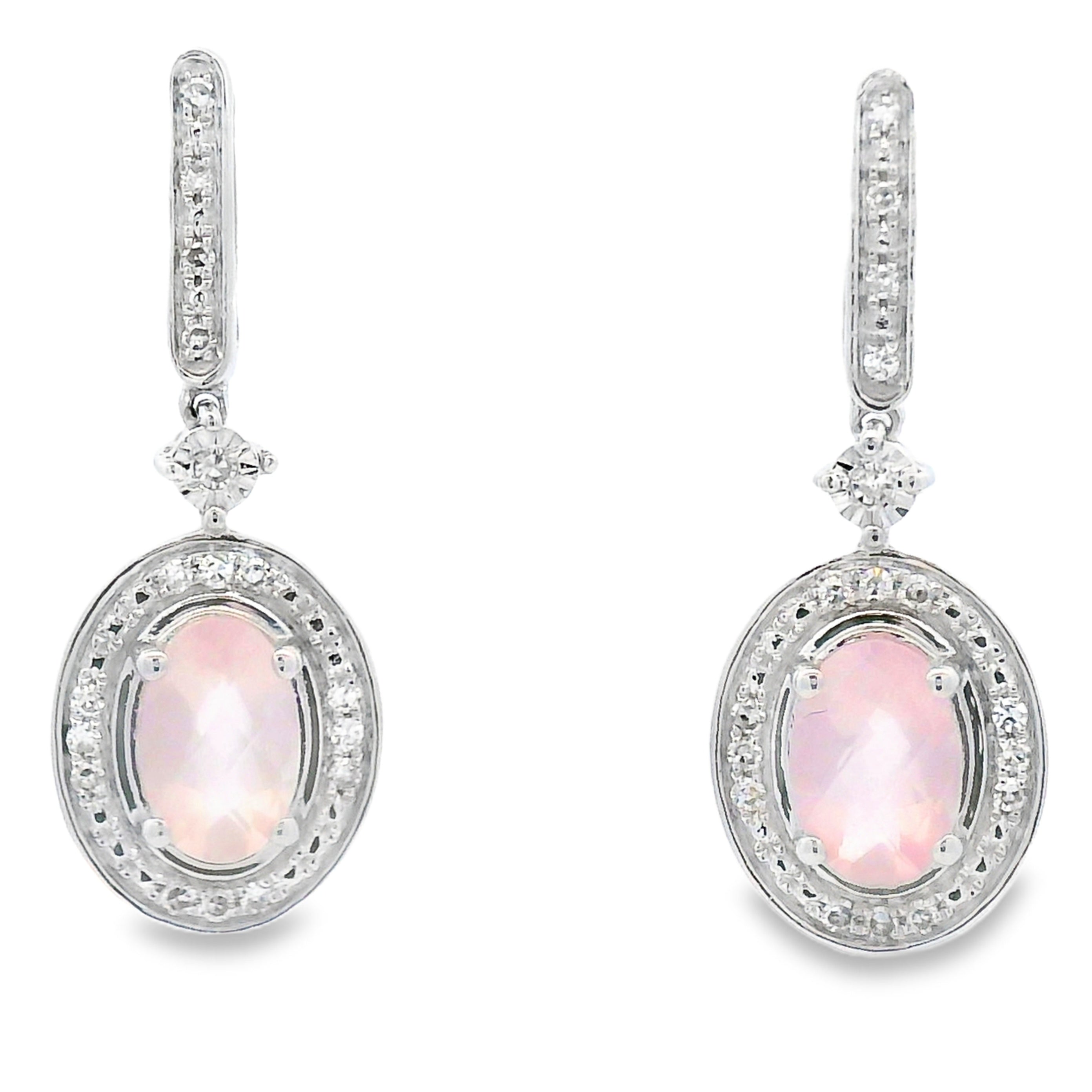 Rose Quartz Diamond Dangle Earrings 10KT White Gold