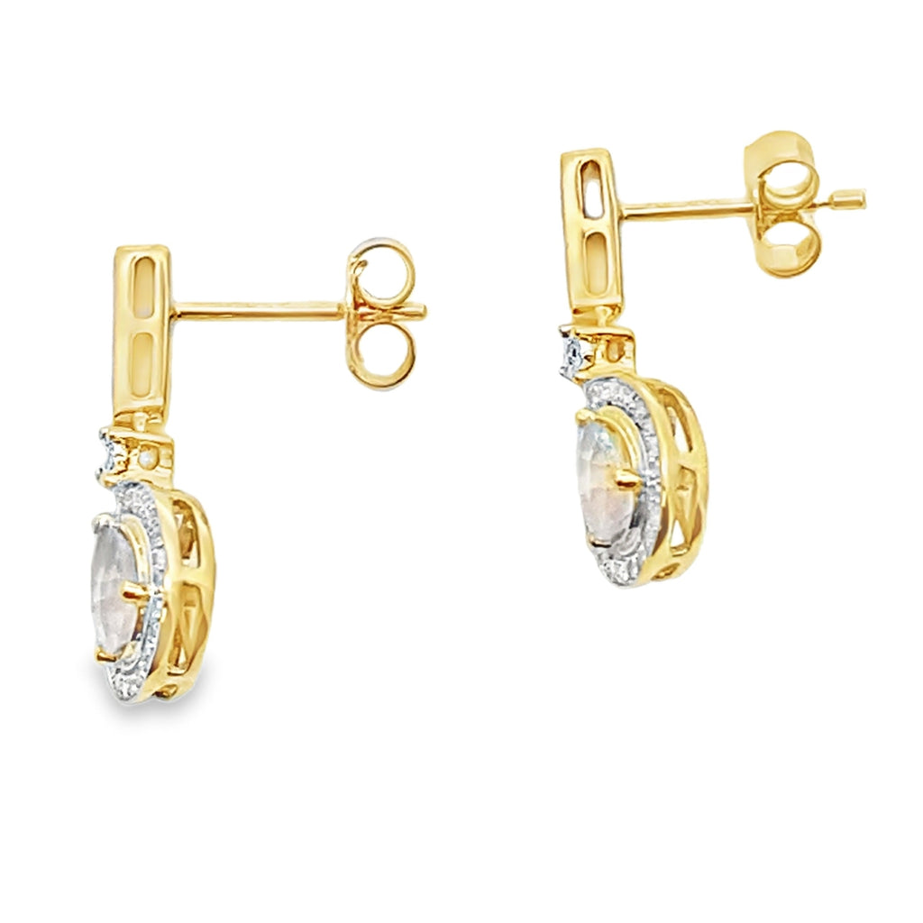 Rose Quartz Diamond Dangle Earrings 10KT Yellow Gold