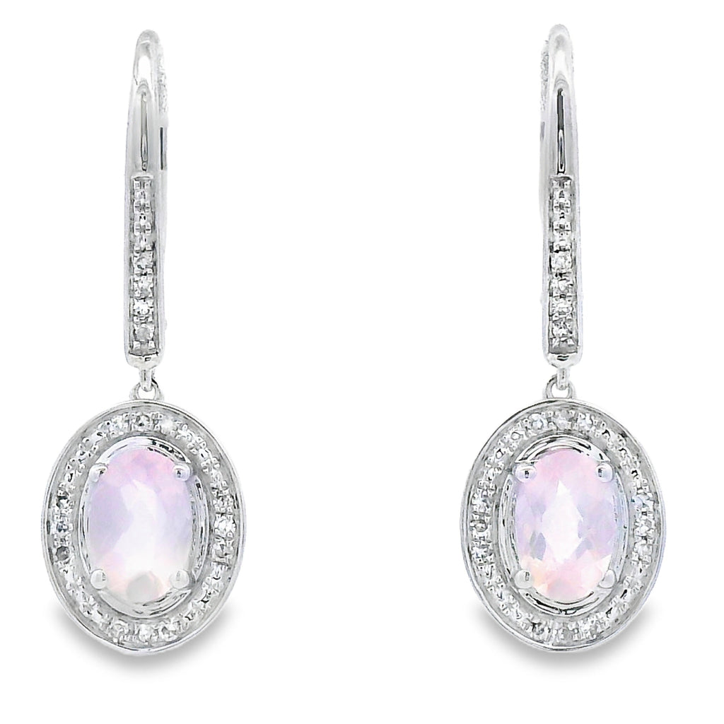 Rose Quartz Diamond Dangle Earrings 10KT White Gold