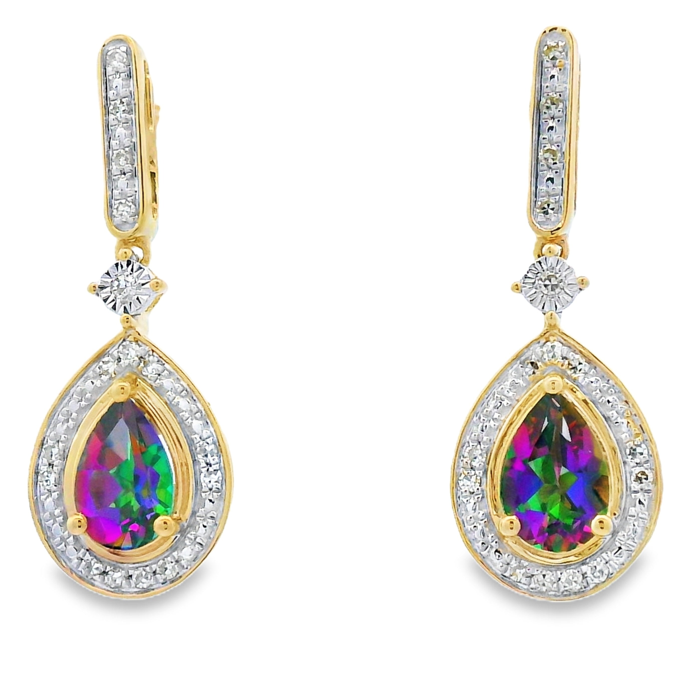 Mystic Fire Topaz Dangle Earrings 10KT Yellow Gold