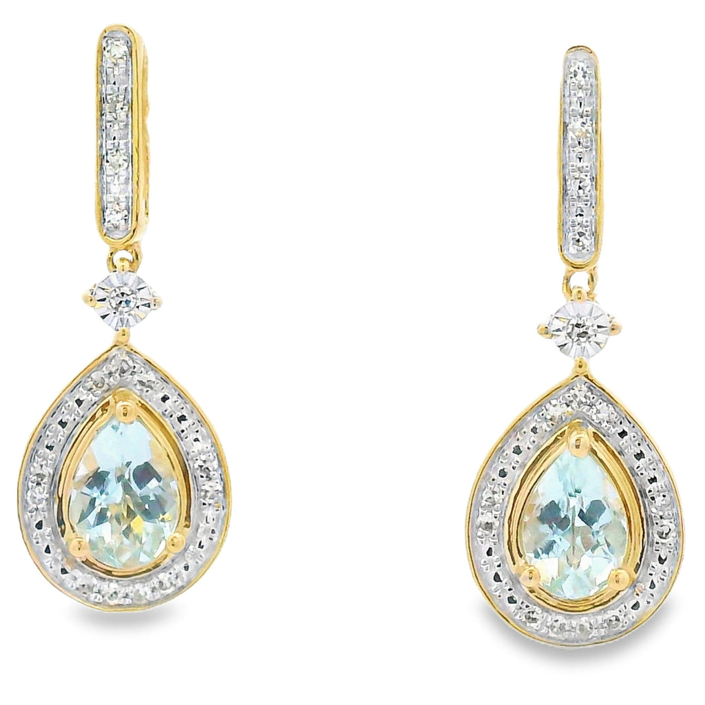 Aquamarine Diamond Dangle Earrings 10KT Yellow Gold