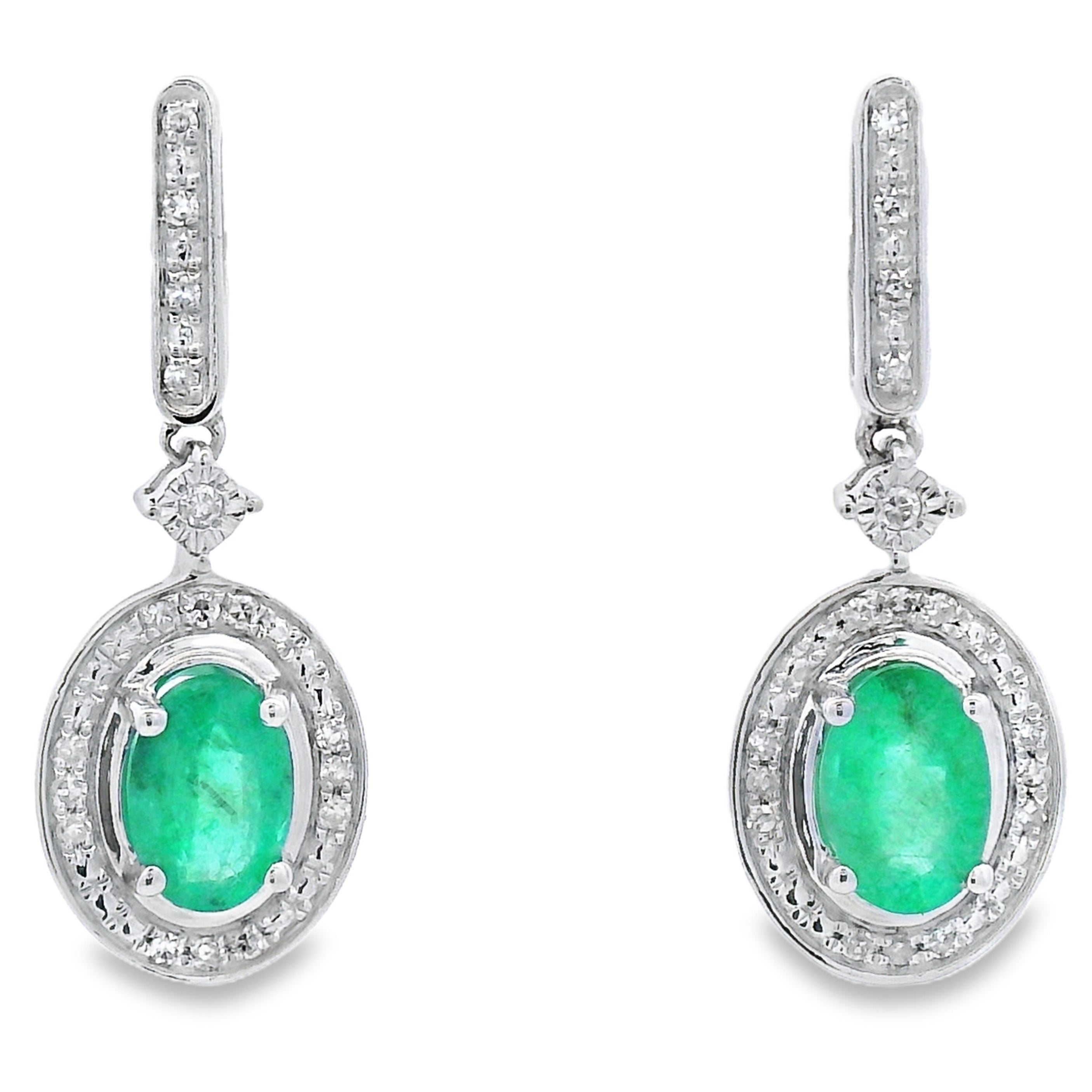 .95ct Emerald Diamond Dangle Earrings 10KT White Gold