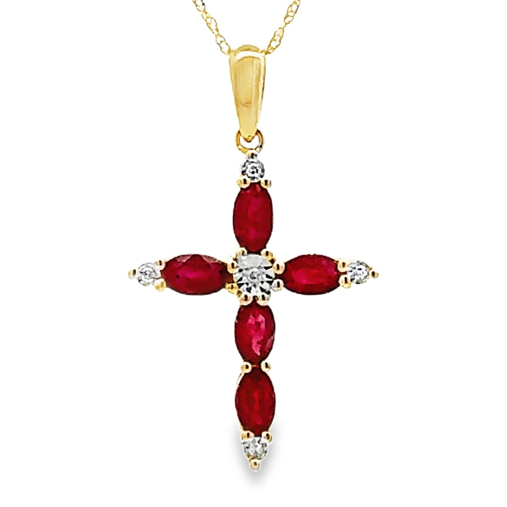 Ruby Diamond Cross Religious Pendant 10KT Yellow Gold