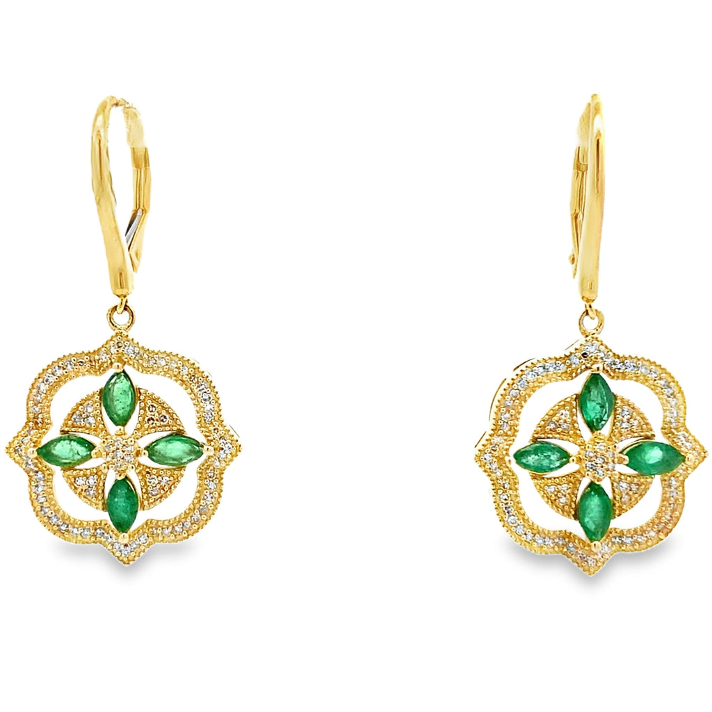 1.28ct Emerald Diamond Dangle Earrings 14KT Yellow Gold
