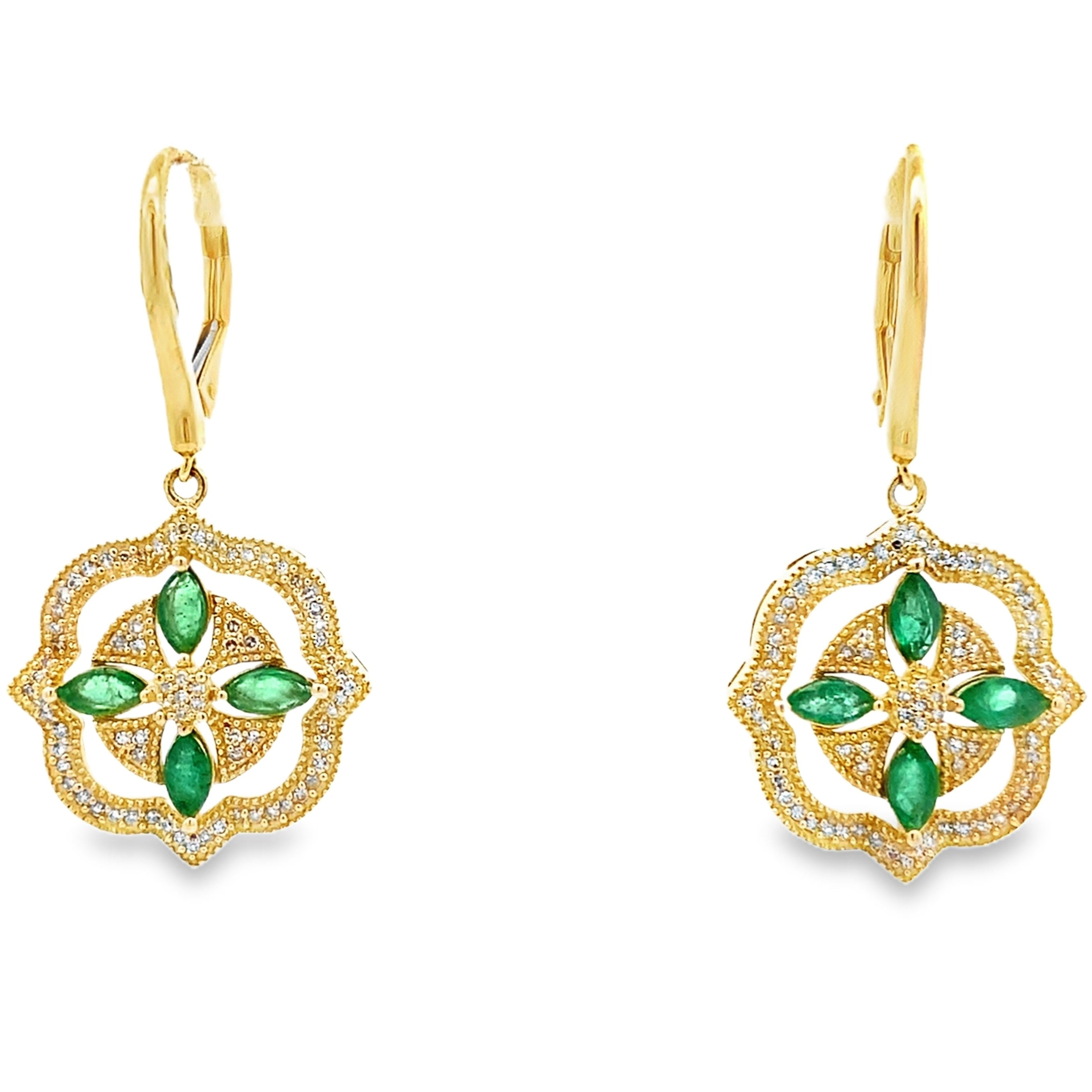 1.28ct Emerald Diamond Dangle Earrings 14KT Yellow Gold