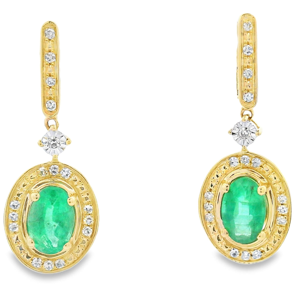 .95ct Emerald Diamond Dangle Earrings 10KT Yellow Gold