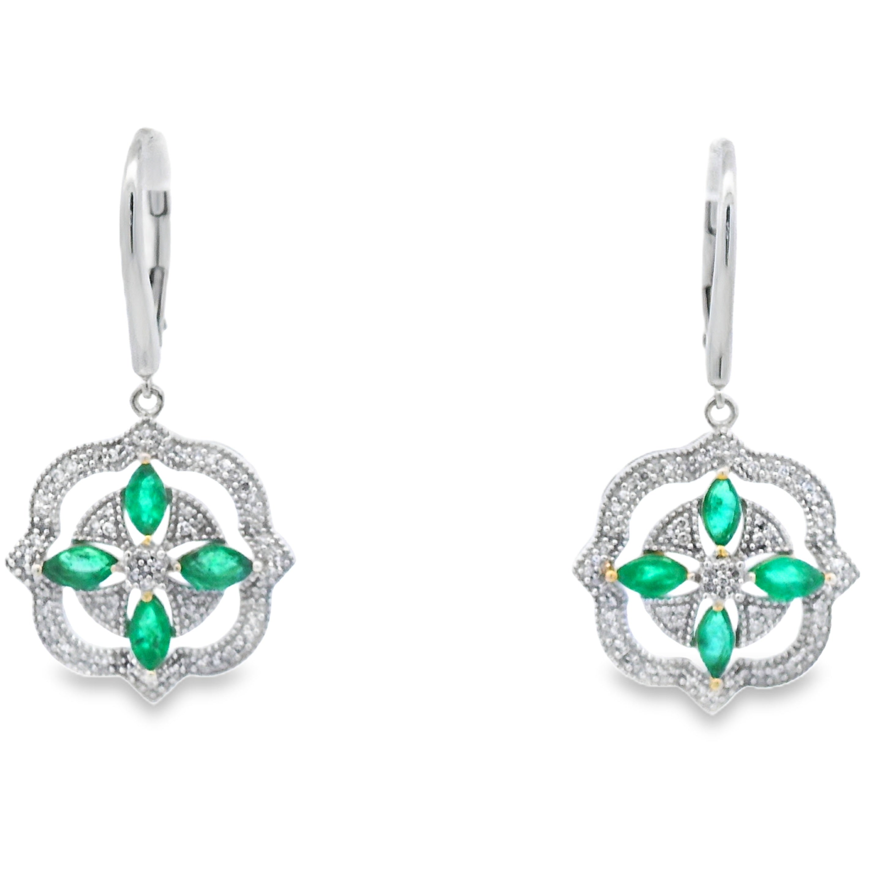 1.44ct Emerald Diamond Dangle Earrings 14KT White Gold