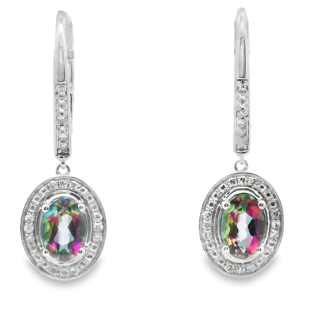 .89ct Mystic Fire Topaz Dangle Earrings 10KT White Gold