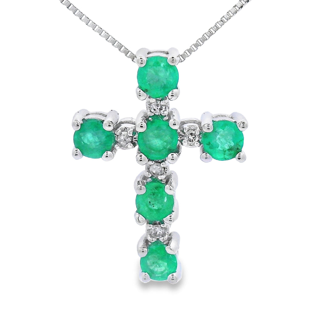 Emerald Diamond Cross Religious Pendant 10KT White Gold
