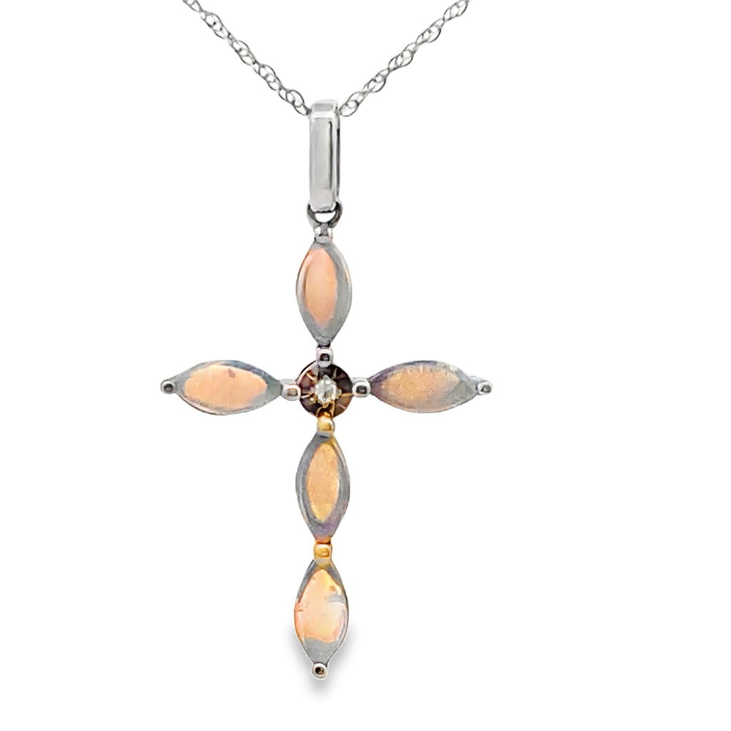 Opal Diamond Cross Religious Pendant 10KT White Gold