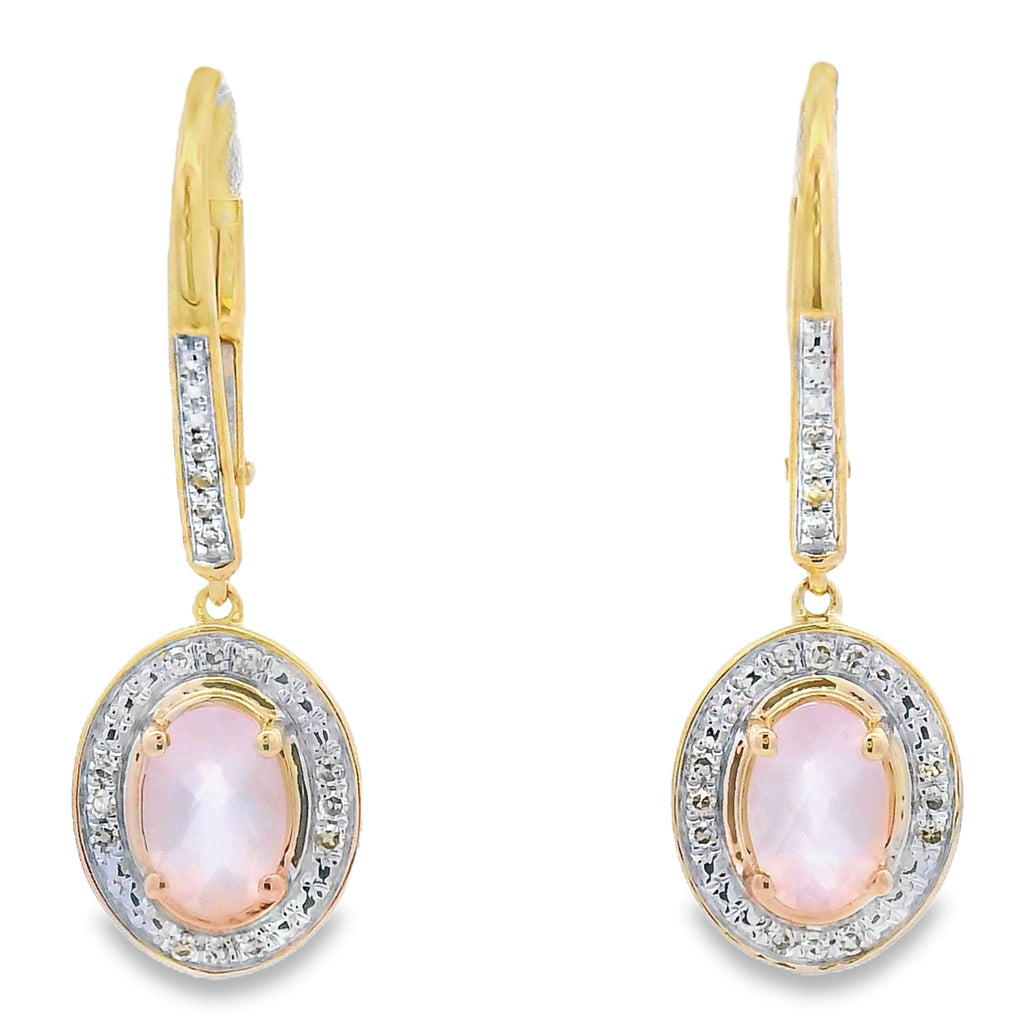 Rose Quartz Diamond Dangle Earrings 10KT Yellow Gold