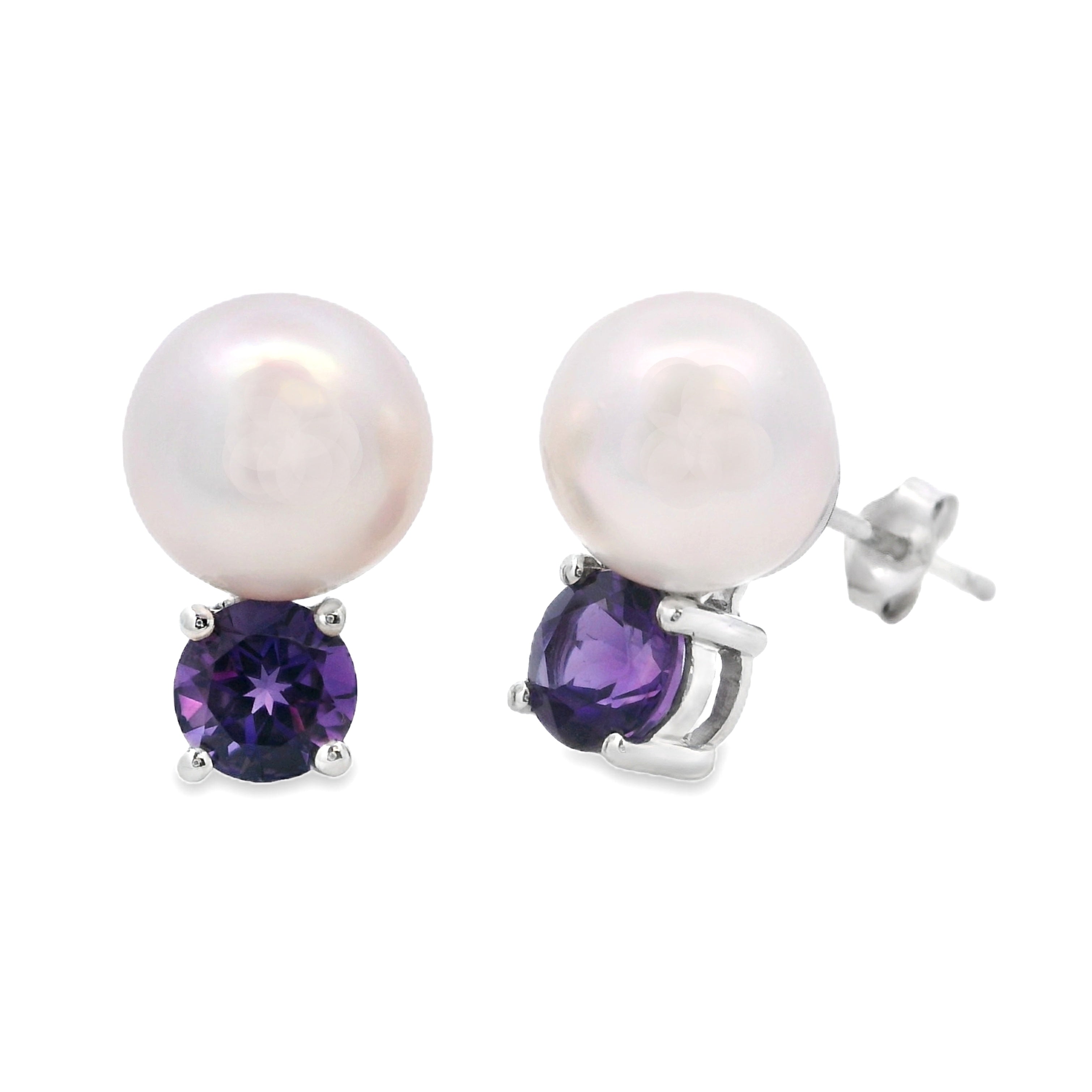 1.20ct FW Pearl Amethyst Stud Earrings 14KT White Gold
