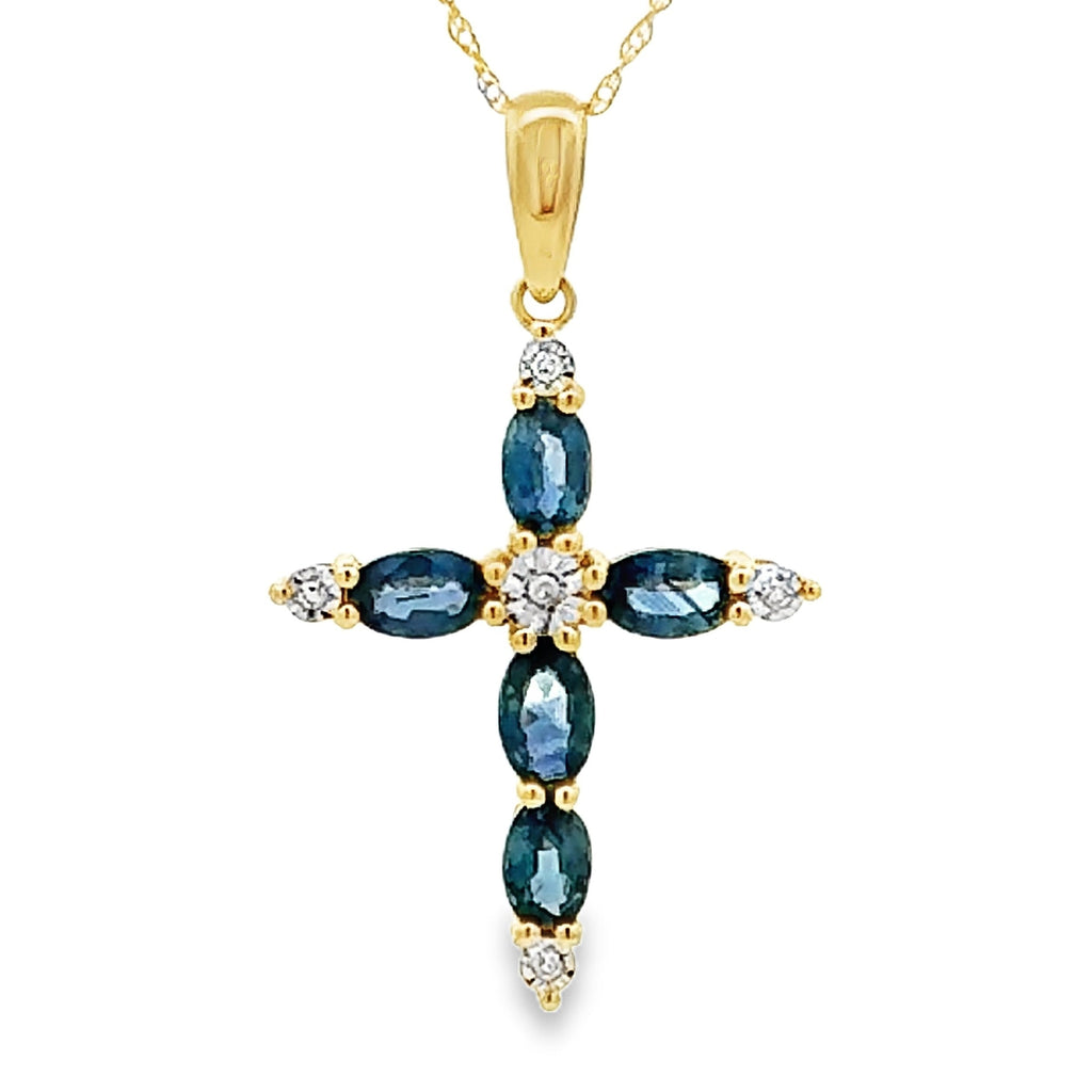 Sapphire Cross Religious Pendant 10KT Yellow Gold