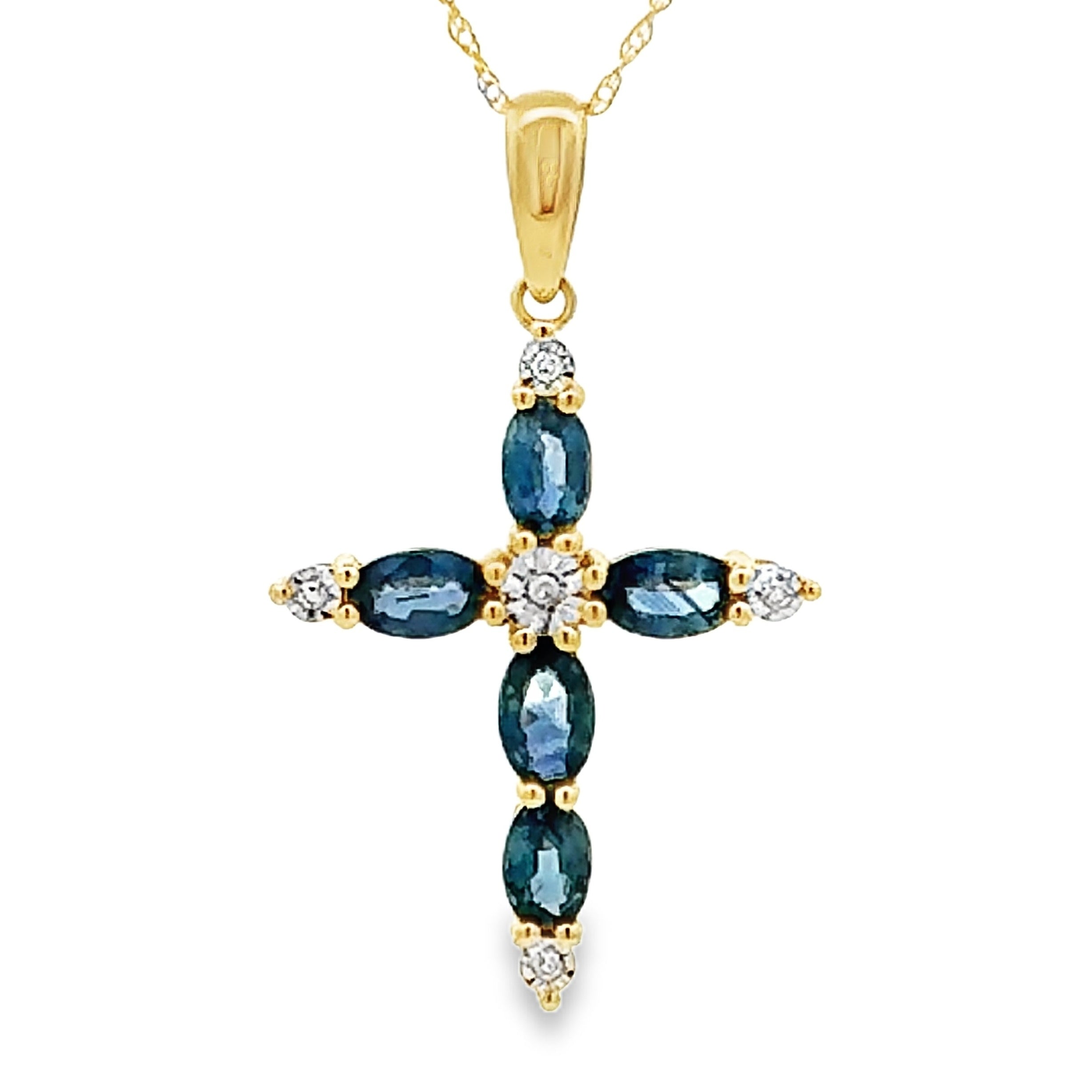 Sapphire Cross Religious Pendant 10KT Yellow Gold