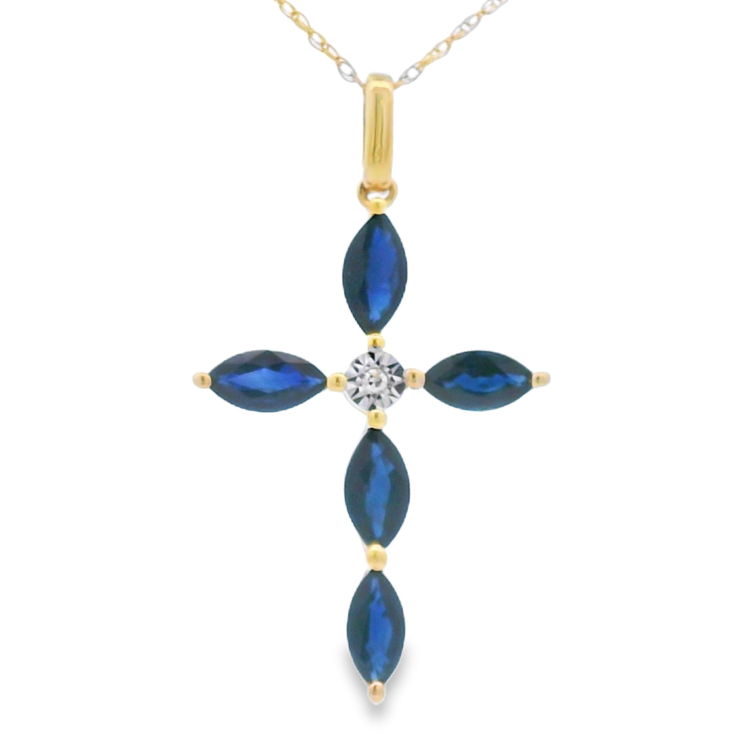 Sapphire Cross Religious Pendant 10KT Yellow Gold