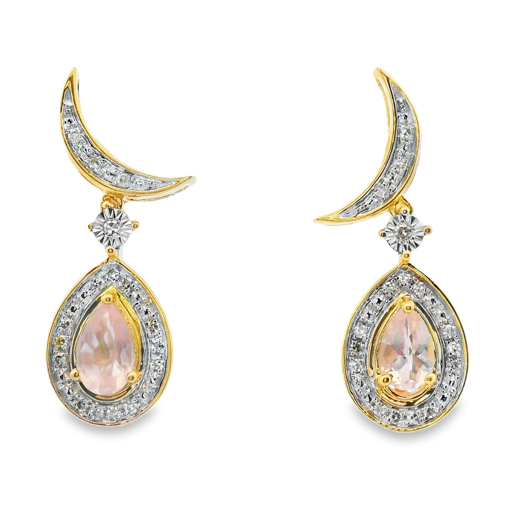Rose Quartz Diamond Dangle Earrings 10KT Yellow Gold