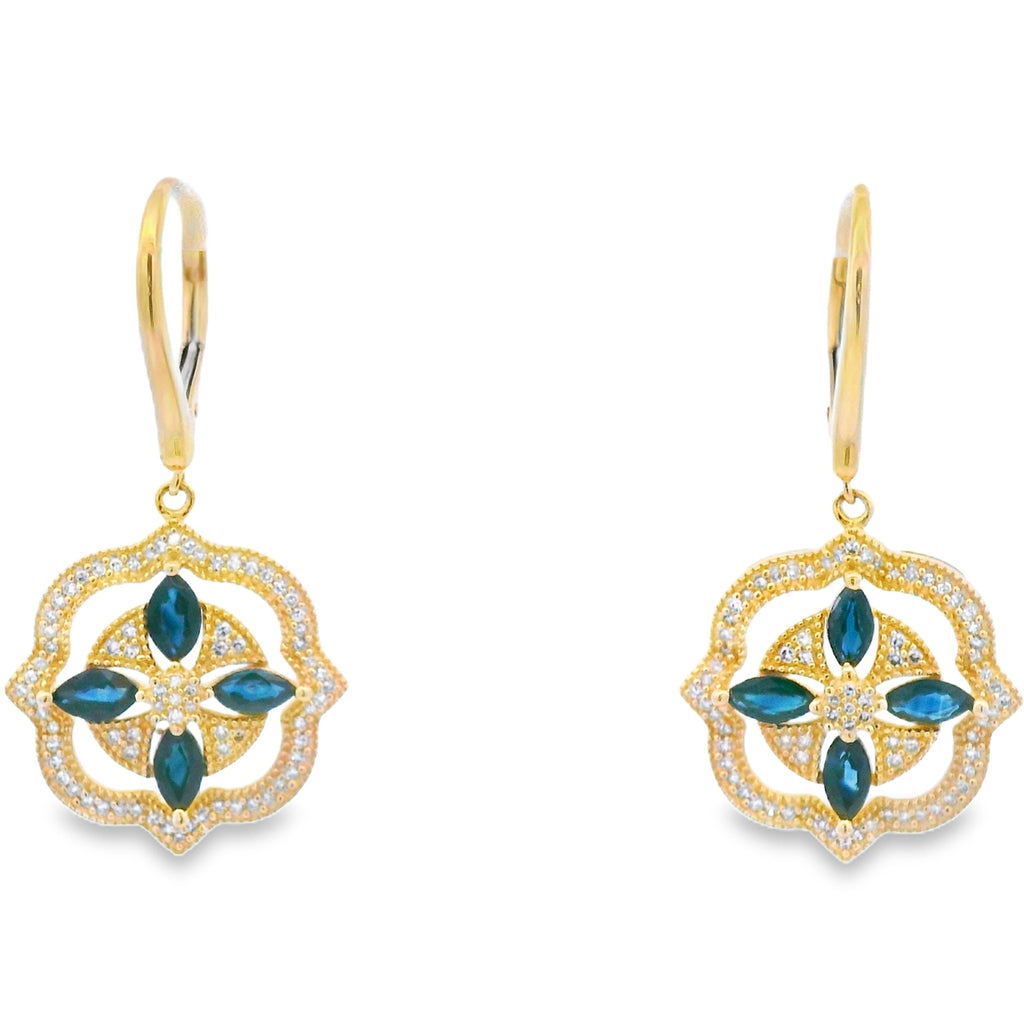 Sapphire Diamond Dangle Earrings 14KT Yellow Gold