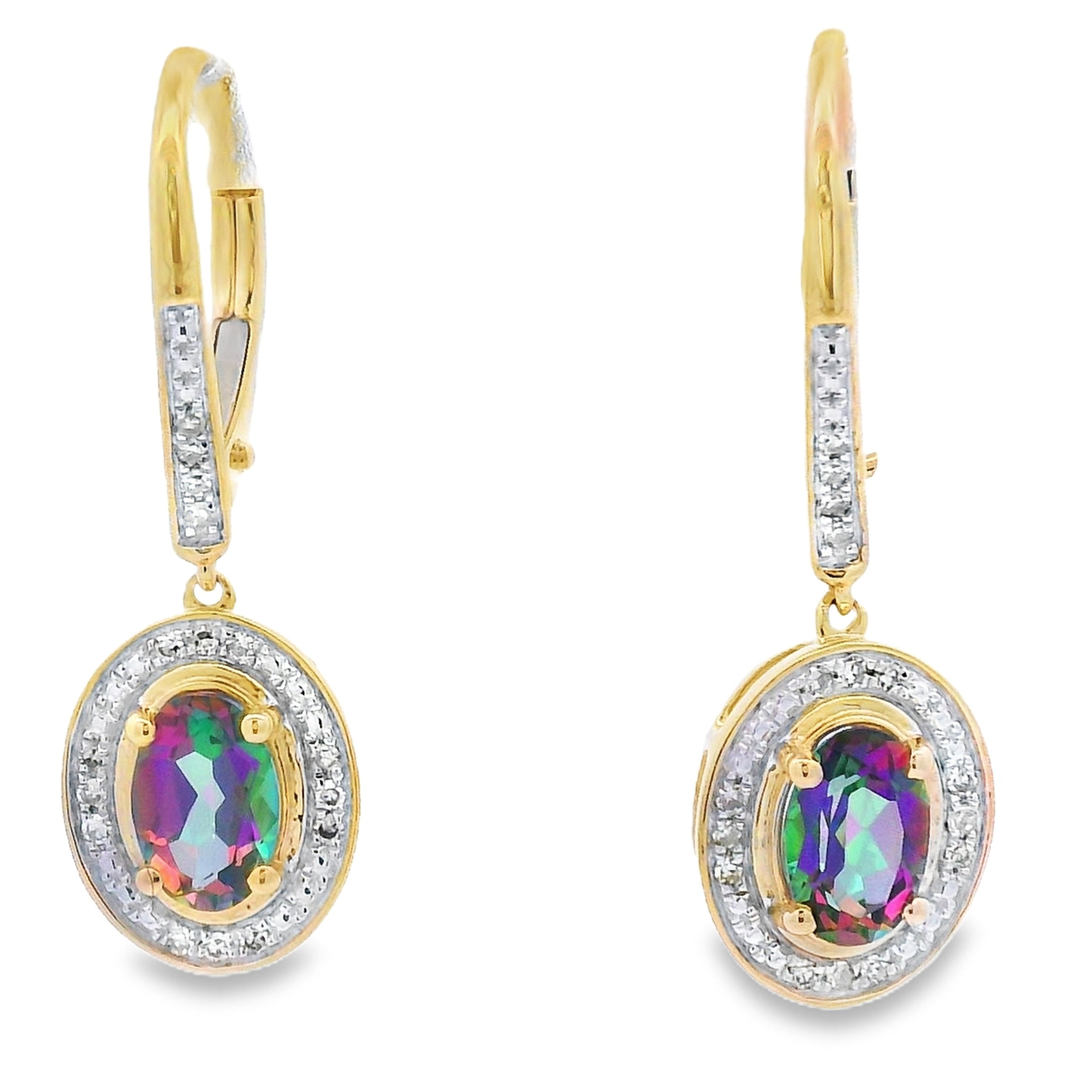 Mystic Fire Topaz Dangle Earrings 10KT Yellow Gold