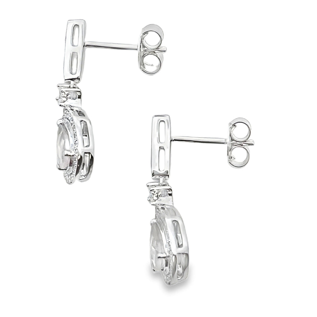 Rose Quartz Diamond Dangle Earrings 10KT White Gold