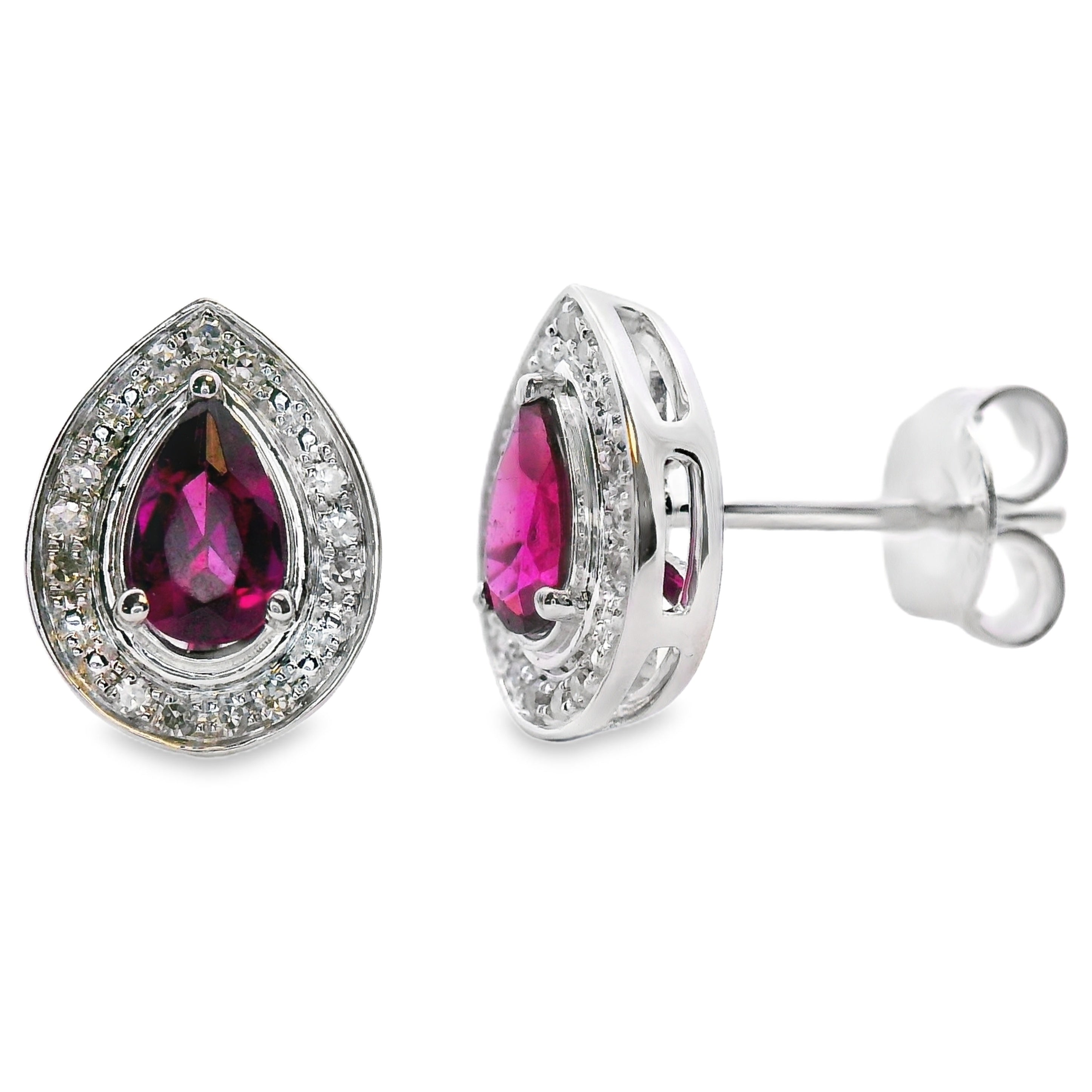 Rhodolite Garnet Diamond Stud Earrings 10KT White Gold