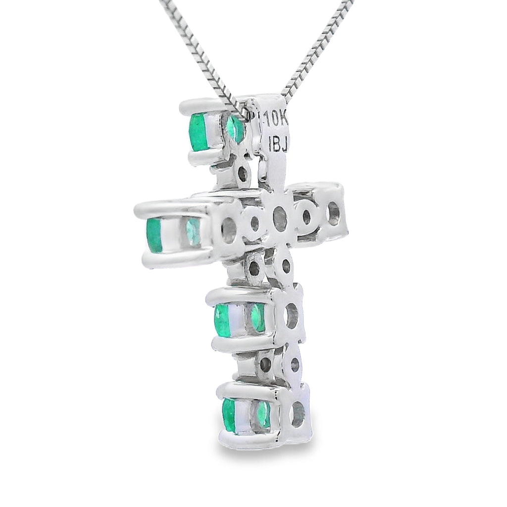 Emerald Diamond Cross Religious Pendant 10KT White Gold