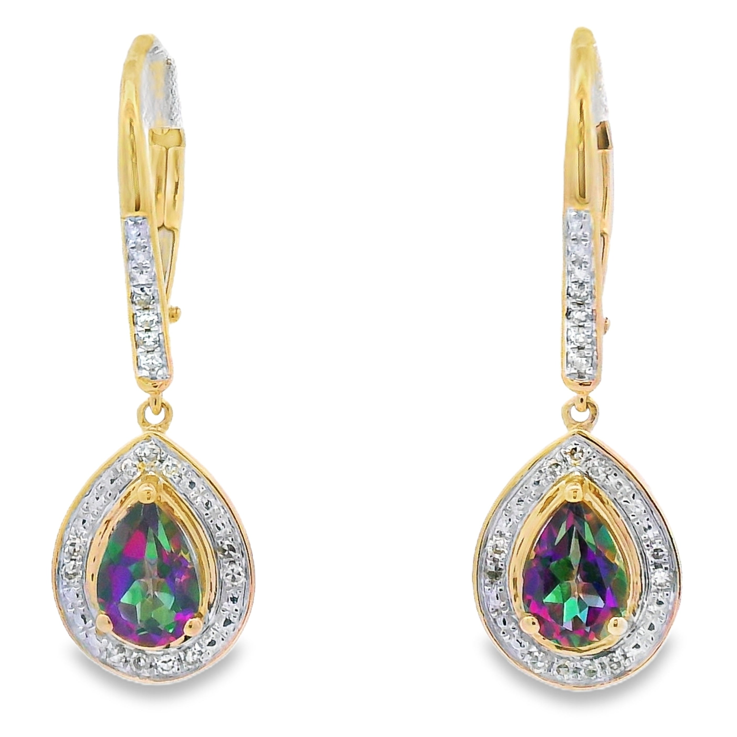 Mystic Fire Topaz Dangle Earrings 10KT Yellow Gold