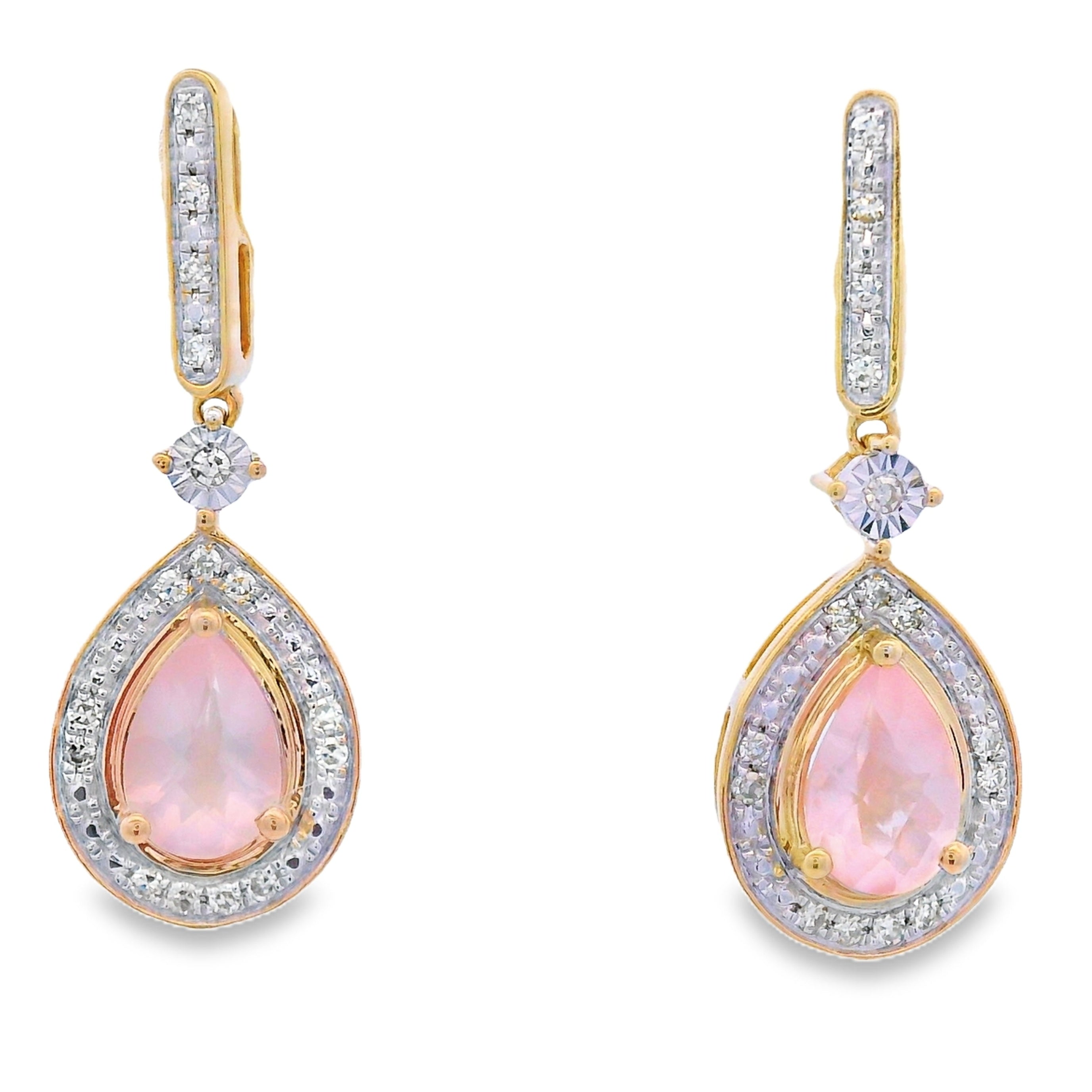 Rose Quartz Diamond Dangle Earrings 10KT Yellow Gold