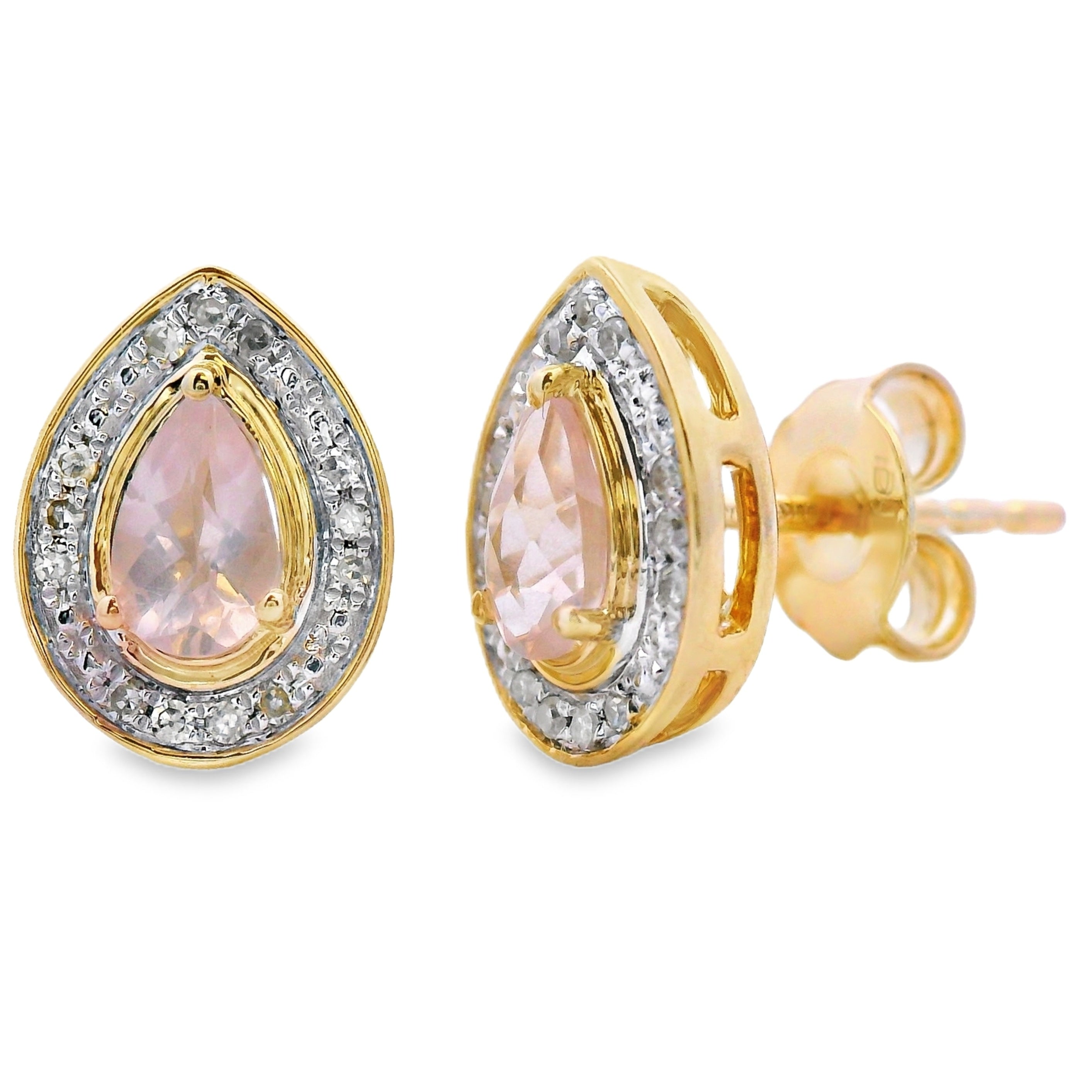 Rose Quartz Diamond Stud Earrings 10KT Yellow Gold