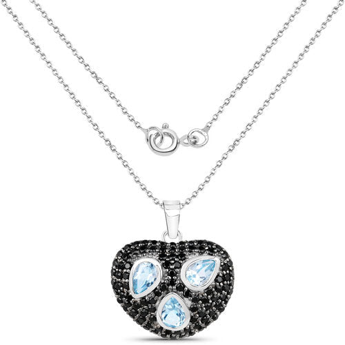 3.52 Carat Genuine Blue Topaz and Black Spinel .925 Sterling Silver Pendant