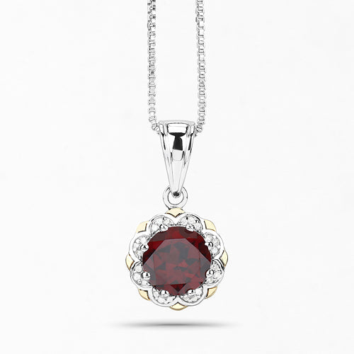 2.32 Carat Genuine Garnet and White Diamond 14K Yellow Gold with .925 Sterling Silver Pendant