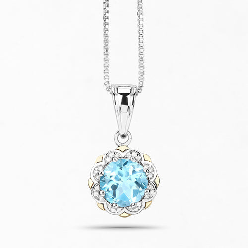 2.32 Carat Genuine Swiss Blue Topaz and White Diamond 14K Yellow Gold with .925 Sterling Silver Pendant