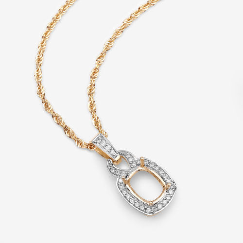 0.25 Carat Genuine White Diamond 14K Yellow Gold Semi Mount Pendant - holds 9x7mm Cushion Gemstone